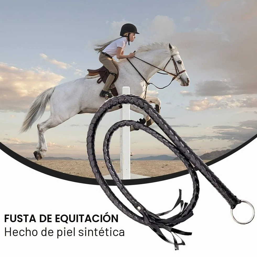 Látigo de equitación de cuero sintético con mango tejido, accesorio de disfraz de Halloween (negro)