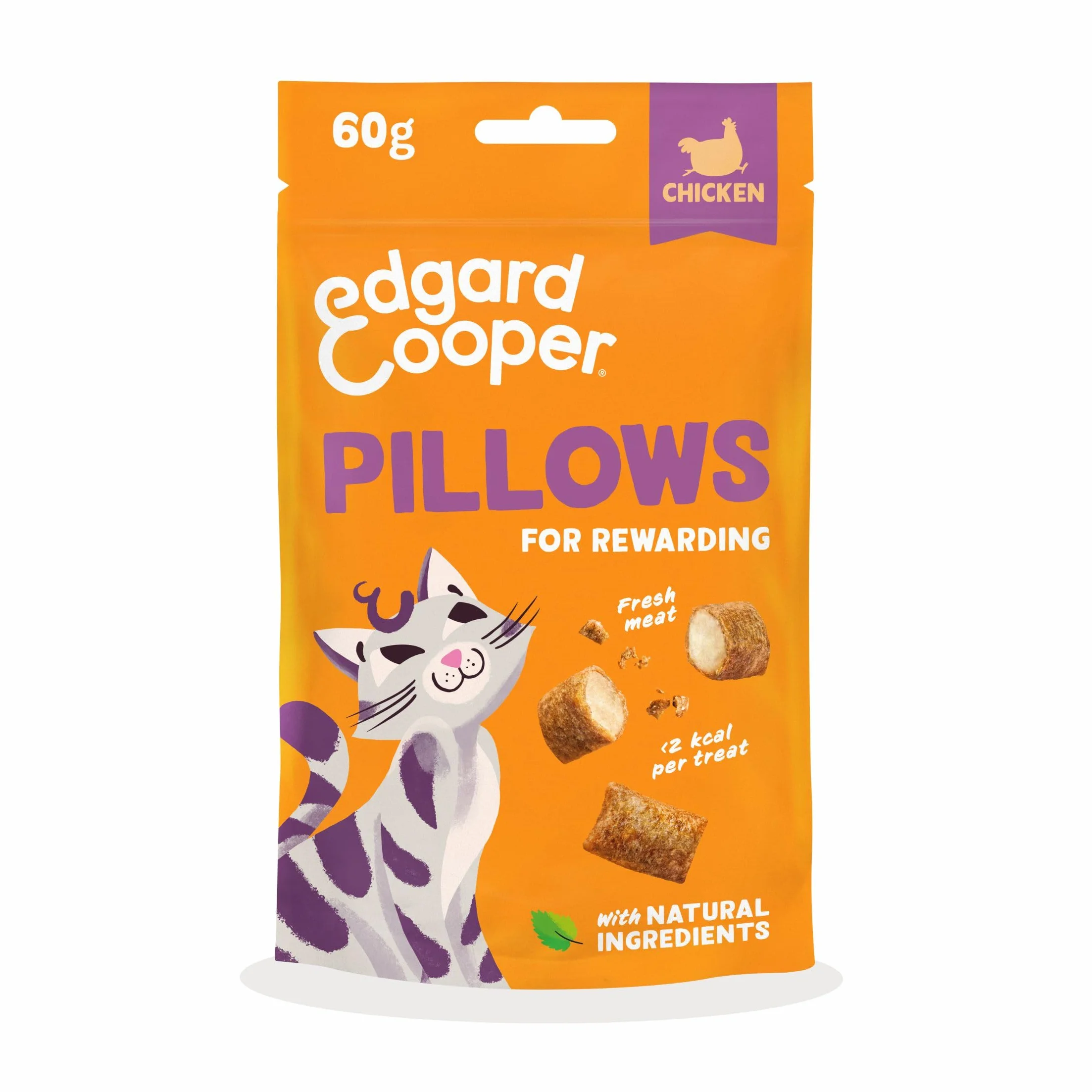 Edgard & Cooper premios Naturales para Gatos, bocaditos de Pollo (1x60g), con Carne Fresca, sin Cereales, Menos de 2kcal por Premio, Ingredientes Naturales y sin azúcares añadidos.