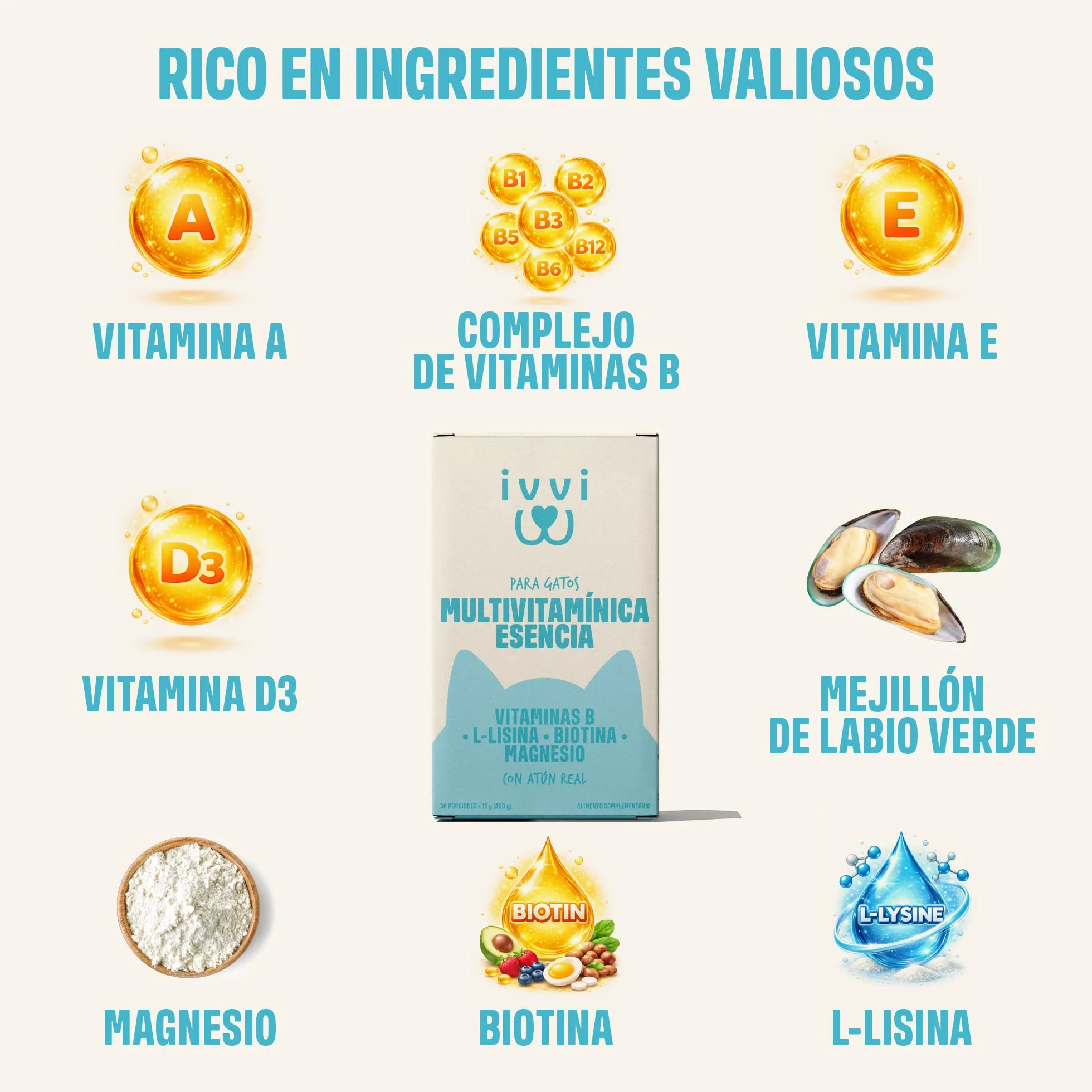 ivvi Esencia Multivitamínica para Gatos – Snack Cremoso con Atún Real – con Vitaminas B, Vitaminas A, D3 y E, Biotina, L-lisina, Magnesio y Mejillón de Labio Verde – 30 x 15 g