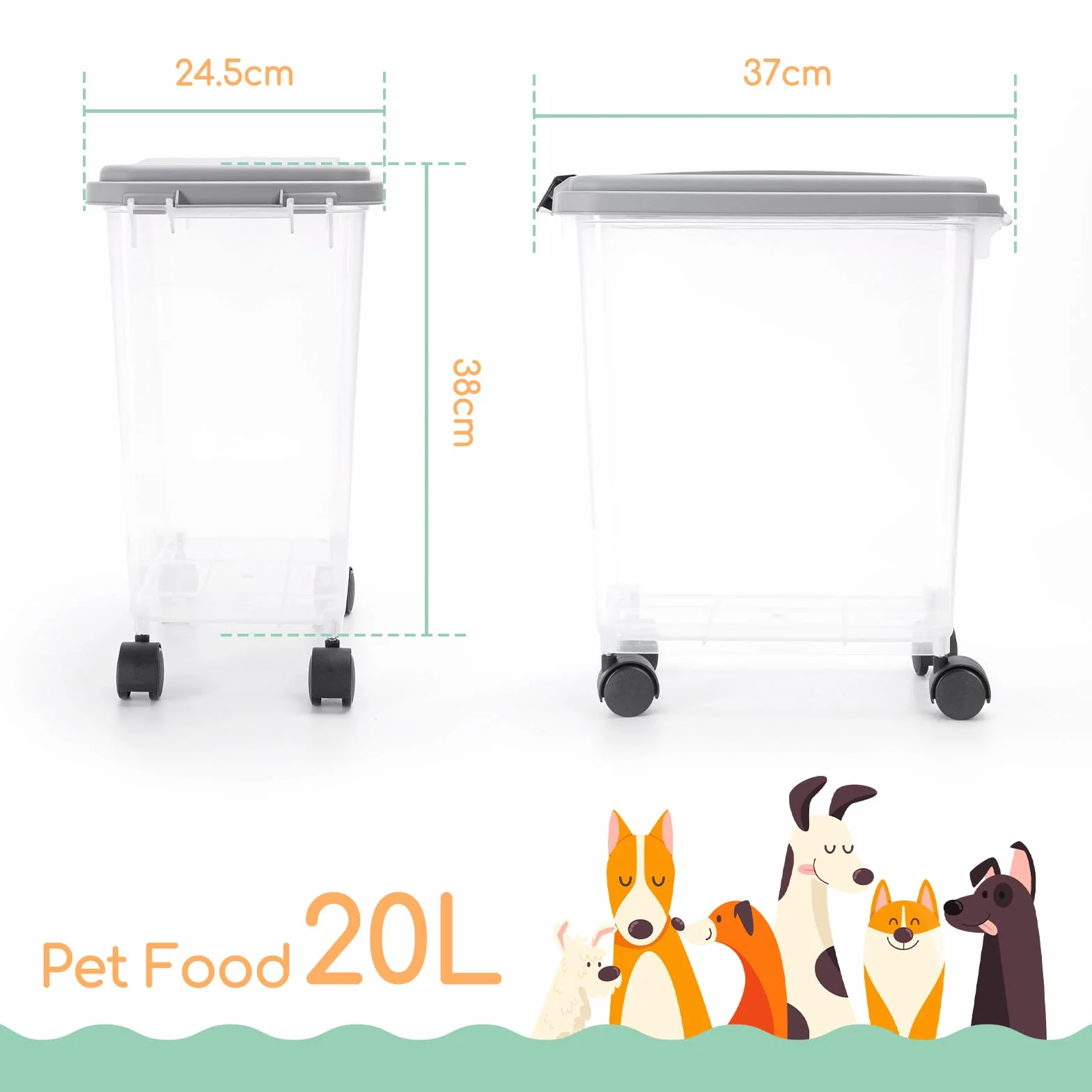 Nobleza - Contenedor de Comida para Mascotas 20L， Mascotas Caja de Alimentos con Ruedas Contenedor， Tapa abatible， hermética， Transparente， Ruedas y Pala， para Comida para Perros y Gatos， Gris