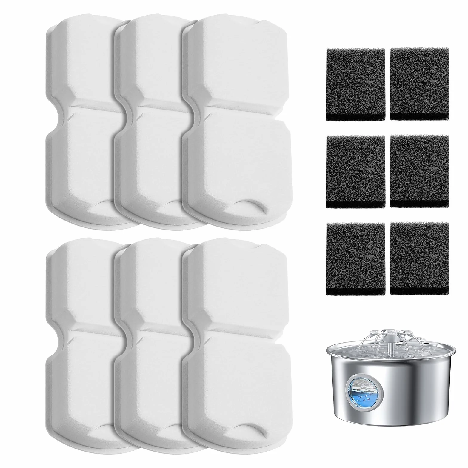 IHOUONE Filtro Fuente para Gatos: 12 Filtros Fuente Gatos - 6 Carbónfiltros + 6 Bebedero Agua Perros Esponjas - Filtración Múltiple - Adecuado para Dispensador Agua Mascota Acero Inoxidable