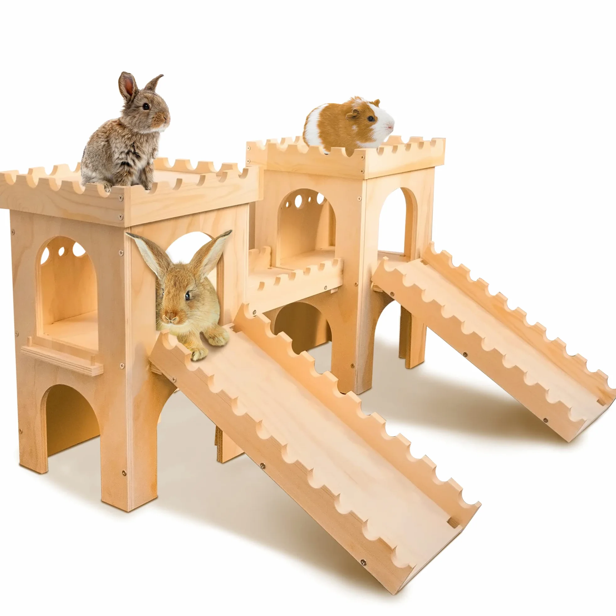 Castillo de Madera Extra Grande para Conejos, túnel escondite y Cama para Animales pequeños, cabaña de construcción sólida y Segura, cabaña escondite para Conejos, cobayas, Chinchilla