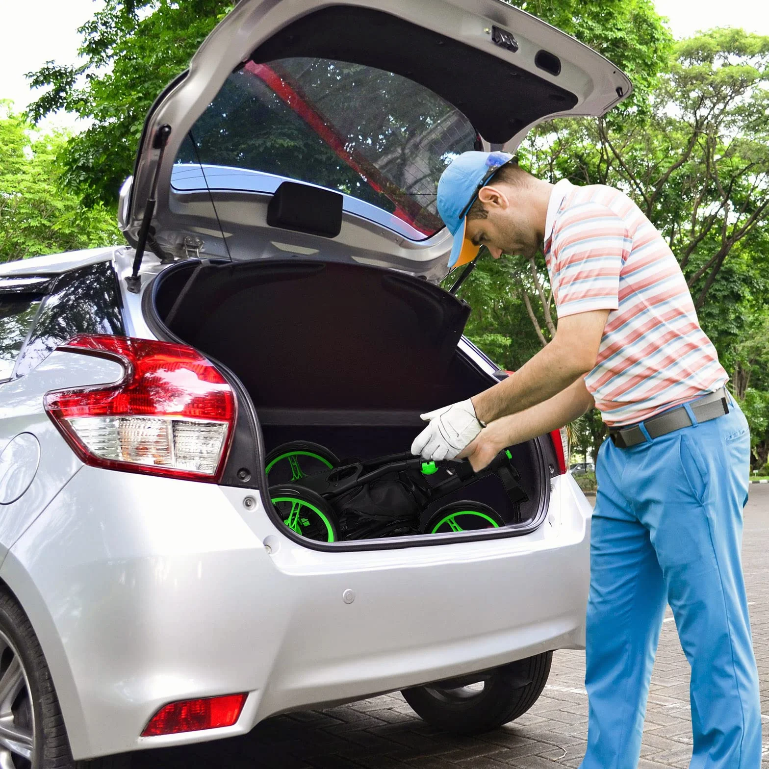 COSTWAY Carro de Golf Plegable 3 Ruedas con Bolsa Aluminio, Paraguas Regulable y Portavaso