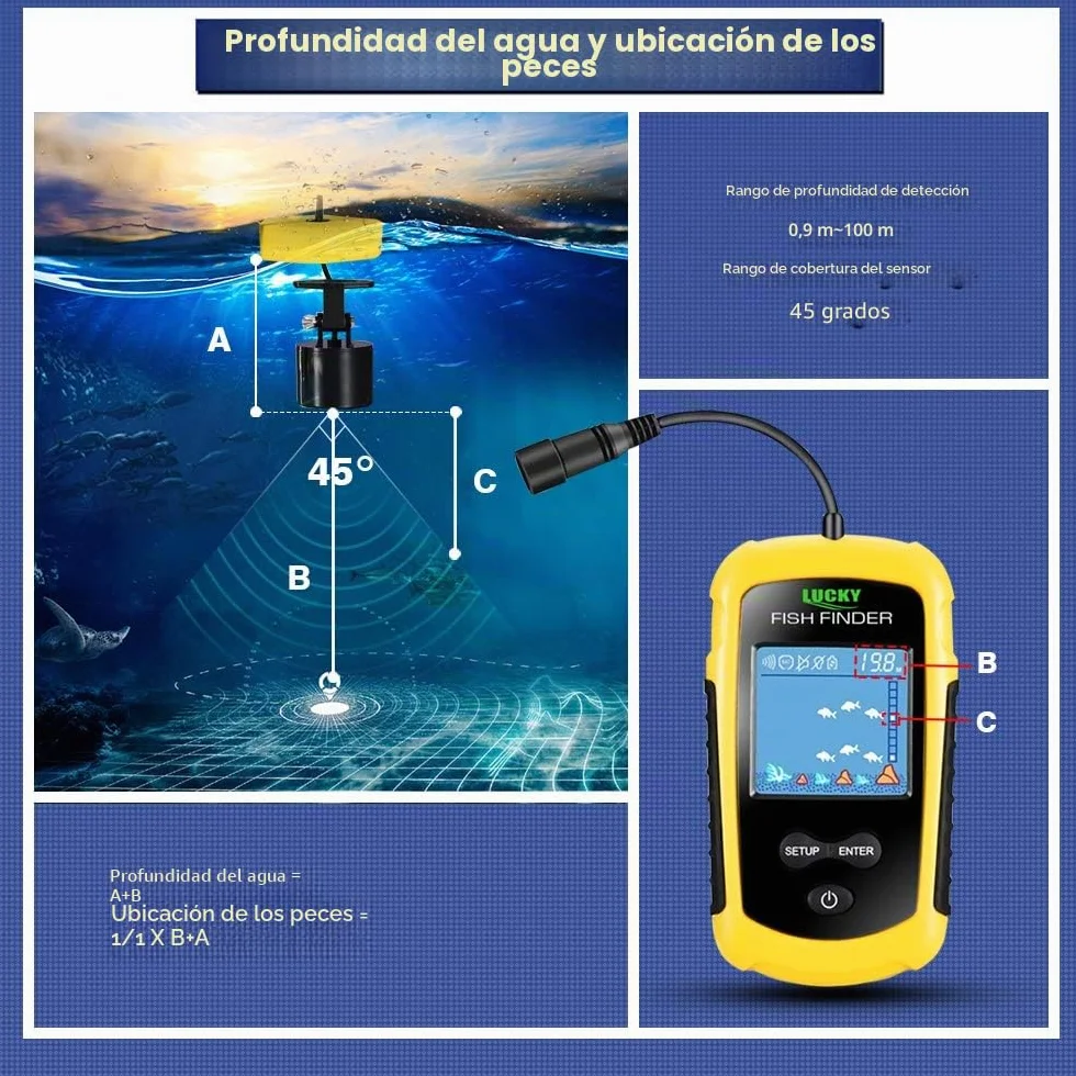 LUCKY Buscador de Peces Portátil con Sonda y Transductor para Kayak de Pesca Pantalla LCD