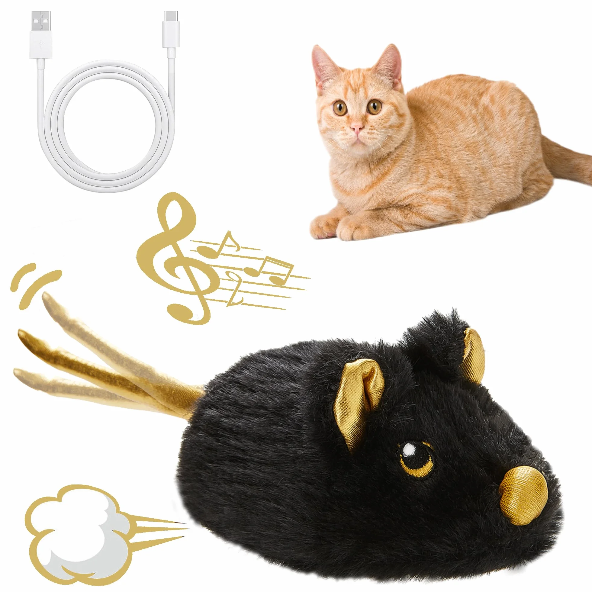 Vealind Juguete Eléctrico para Gatos, Ratón de Juego con Movimiento, Recargable por USB, Interactivo (Negro)