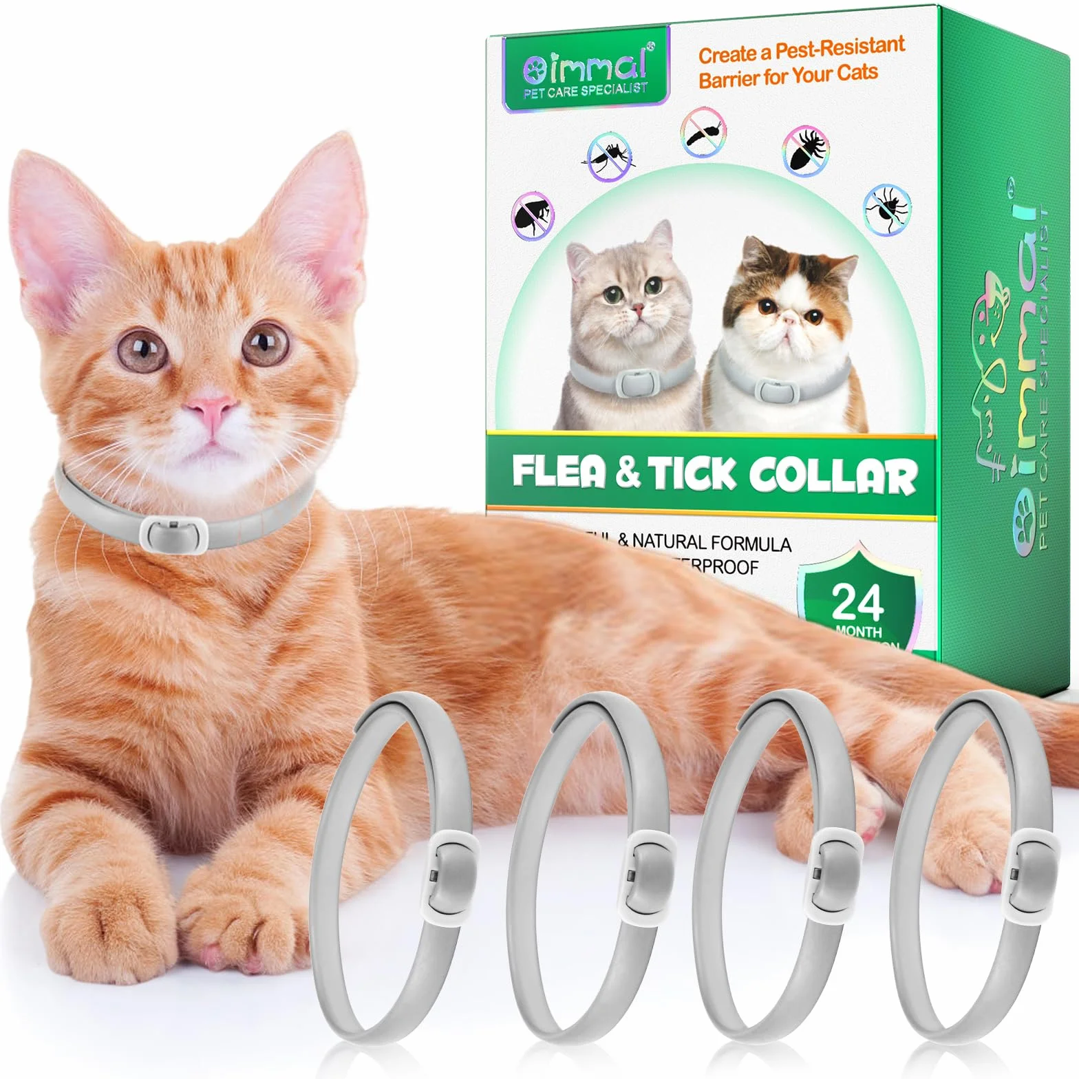 Collar contra pulgas y garrapatas para gatos (paquete de 4),tratamiento contra pulgas,ingredientes extraídos naturales,collar para gatos,ajustable,impermeable,antipulgas garrapatas,protección 24 meses