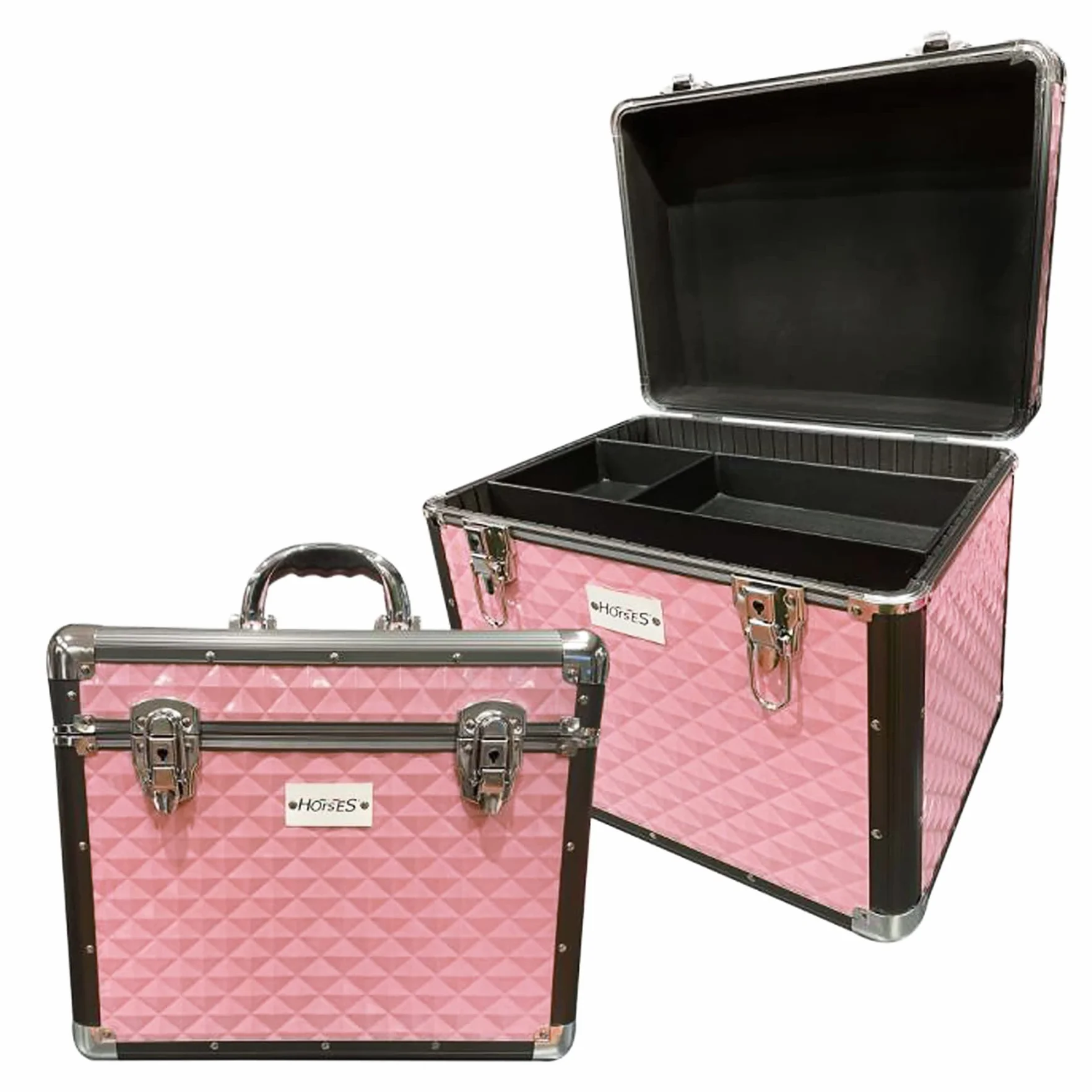 Horses, Baúl Shiny para el cuidado del caballo, caja porta accesorios para el aseo ecuestre, porta kit de cepillos, caja de aluminio 30 x 38 x 26 cm, rosa