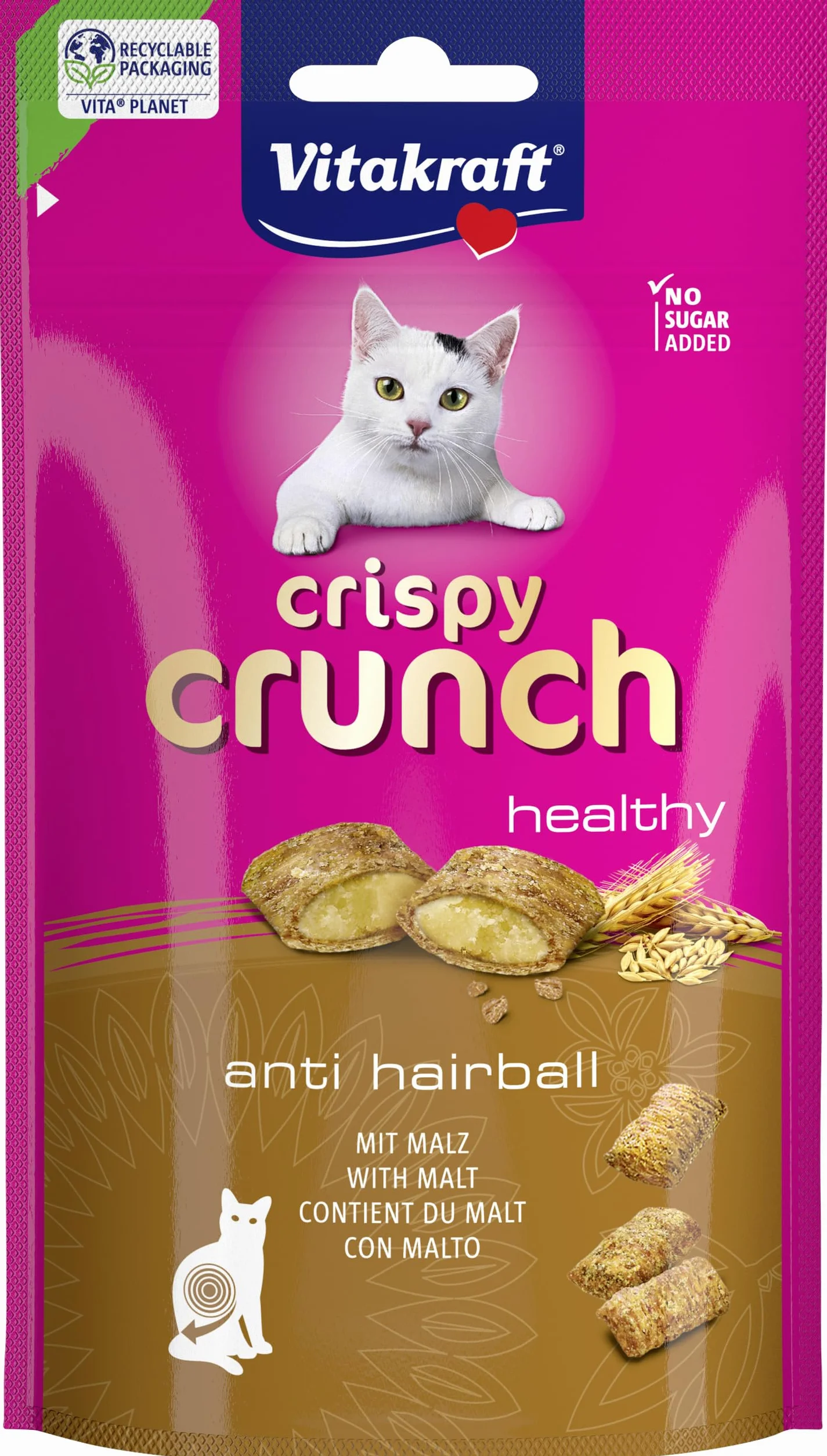 Vitakraft Crispy Crunch Classic, golosinas para Gatos, crujiente Snack para Gatos Relleno de Malta, en Bolsa resellable, sin azúcar añadido (1x 60g)