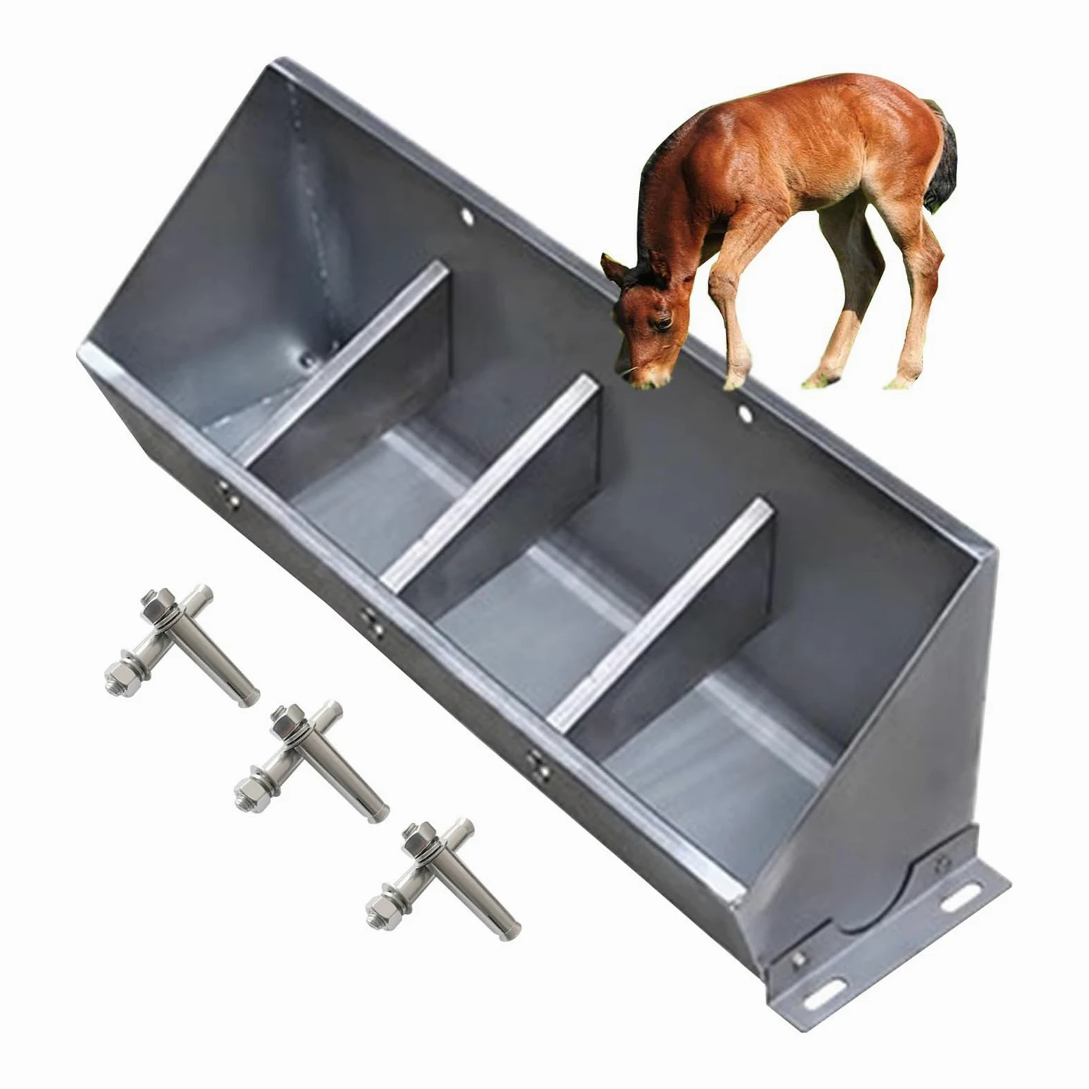 Comedero de Acero Inoxidable para establos de Caballos - 50/100/150/200 cm. Comedero para Ganado (ovejas, Vacas, Cerdos) - Comedero 2 en 1 para Grano y Agua, se Puede Colgar con Tornillos (5