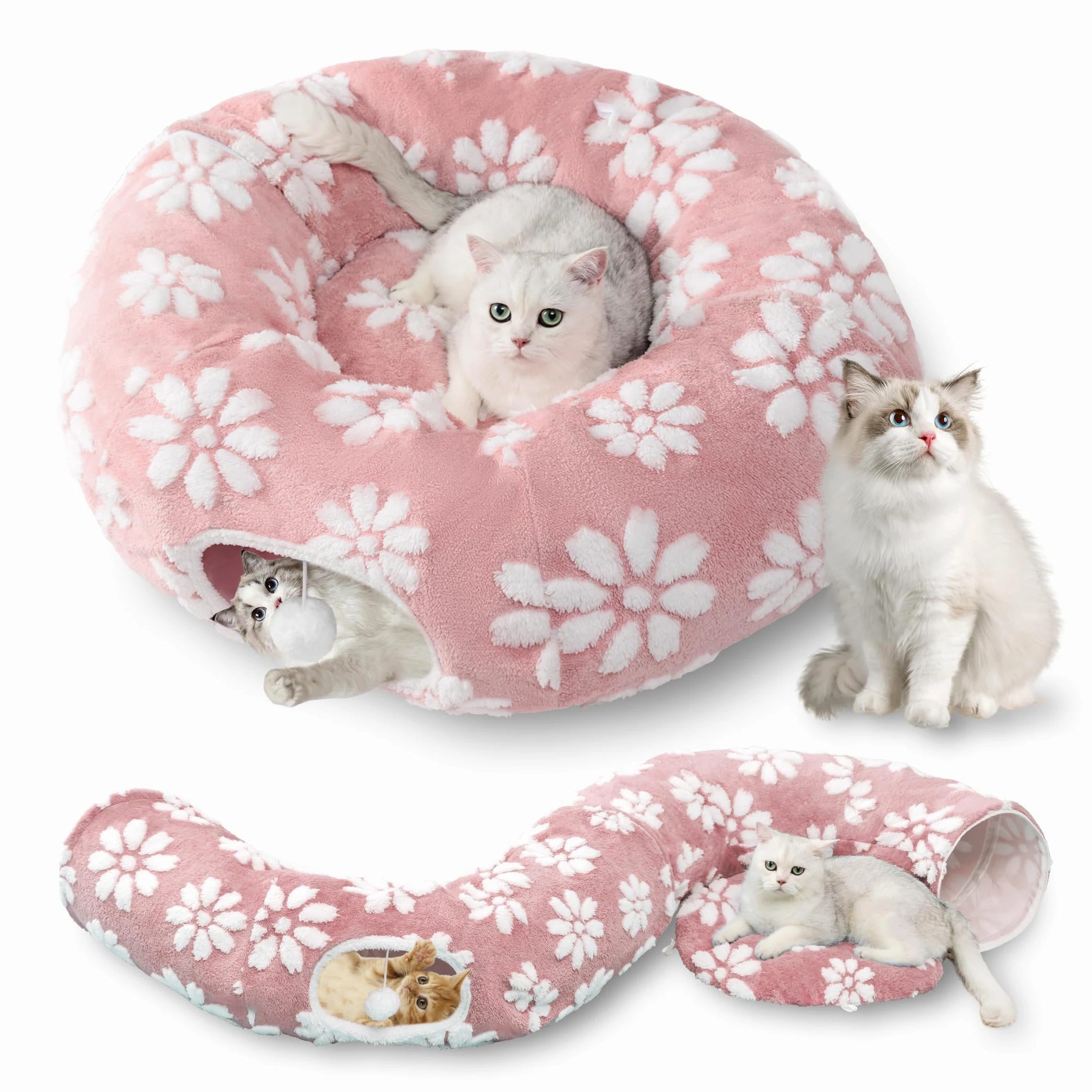 Túnel para gatos de interior, bonita cueva para gatos Peekaboo con bolas colgantes, cama de túnel de dona para mascotas con alfombrilla circular para cachorros, gatitos, conejos, flores rosas