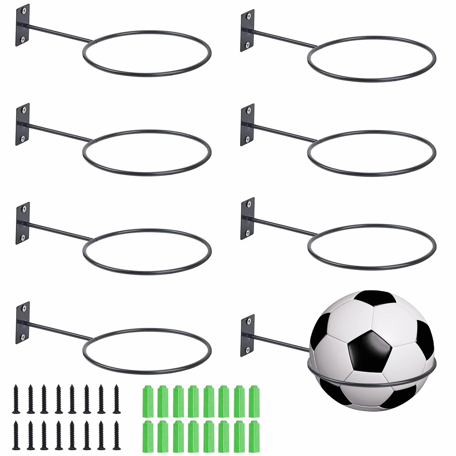 Soporte de Pared para Pelotas Metal 8 Piezas con Tornillos y Tubos Negro Baloncesto Fútbol Rugby