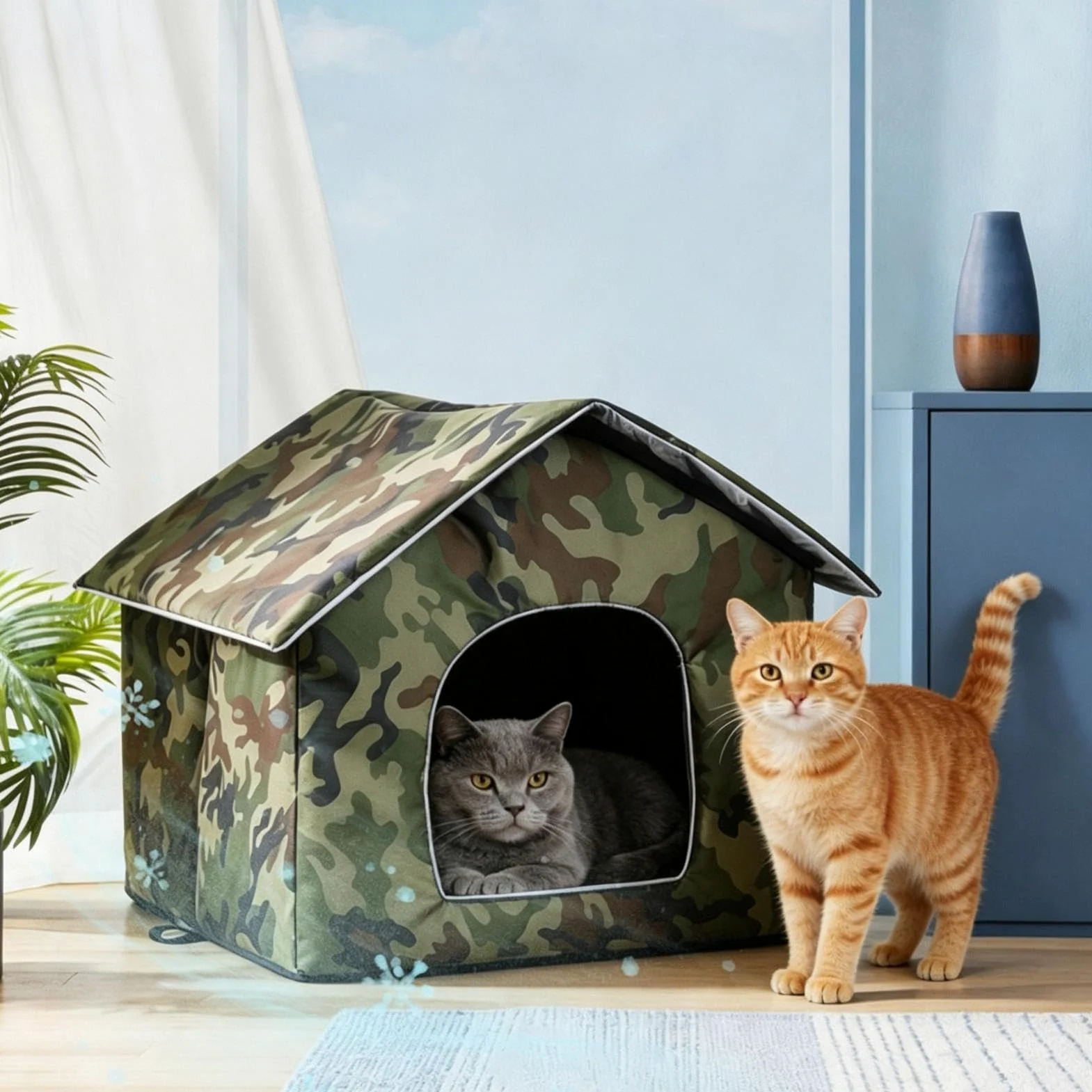 Casa para Gatos con Aire Acondicionado Plegable de 3 Capas con Bolsas Frías | Casa de Mascotas con Aire Acondicionado Para Cachorros, Perros, , Dormitorio, Salón, Patio Trasero, Jardín