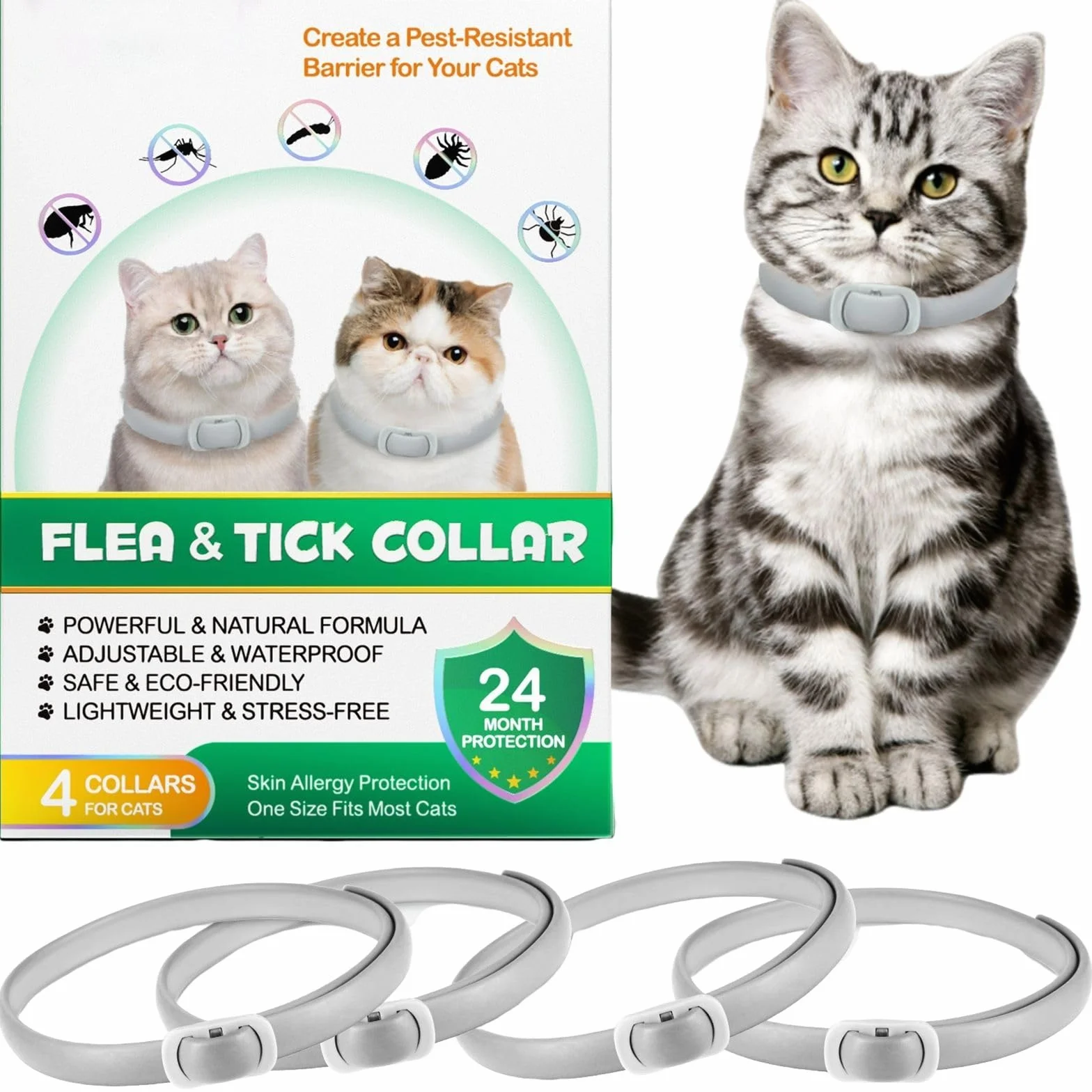 Collar Antiparasitario Gatos páquete de 4 – Collar Antipulgas Gatos Ajustable e Impermeable – 24 Meses de Protección – Collars Gato Antiparasitario Seguro y Cómodo (Gris, 4 Piezas)