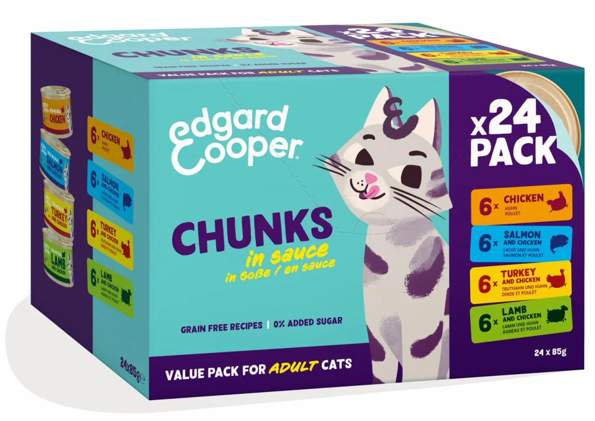 Edgard Cooper Comida húmeda para Gatos, Multipack, (Pollo/Salmón/Pavo/Cordero, 24 x 85g) trocitos en Salsa, para Gatos esterilizados o Activos, Carne Fresca con Ingredientes Naturales