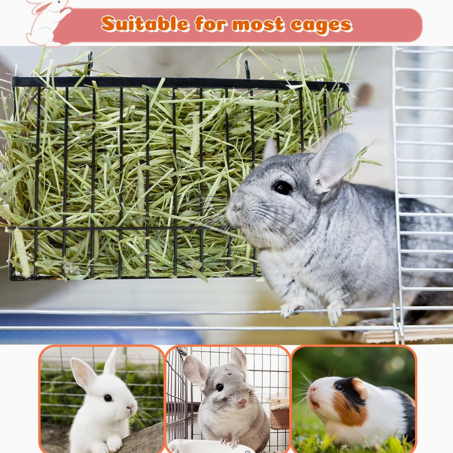 Comedero de heno de conejillo de indias, alimentador de heno de conejo con marco de metal resistente, soporte de heno para animales pequeños, conejos, cobayas, hámsters de chinchilla