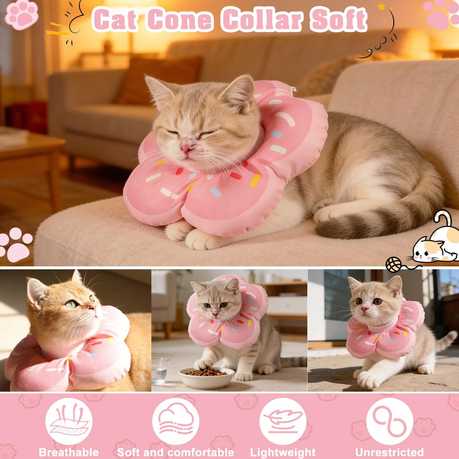 QKURT Collar de Recuperación para Gato, Collar Ajustable para Gatos Después de La Cirugía, Evitar Picaduras de y Arañazos Lesiones y Lamido, El patrón de Rosquilla, Forma de Flor