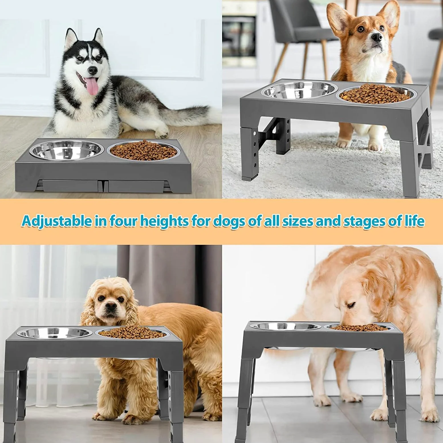 Comederos elevados for Mascotas, Soporte for comedero Elevado for Gatos, antivómitos, con 2 Cuencos Gruesos de Acero Inoxidable Antideslizantes