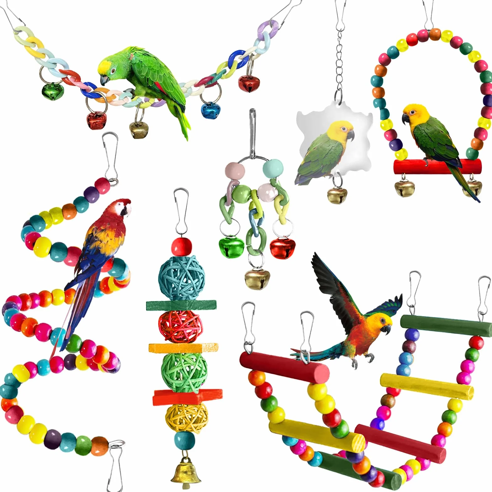 Juguetes para Pájaros, Juguetes de Loro Pájaro, Juguetes Agapornis, Accesorios para Jaula de Pájaros, con Campanas, Columpios, Juguete de Masticación, para Pequeños y Medianos Loros de Aves