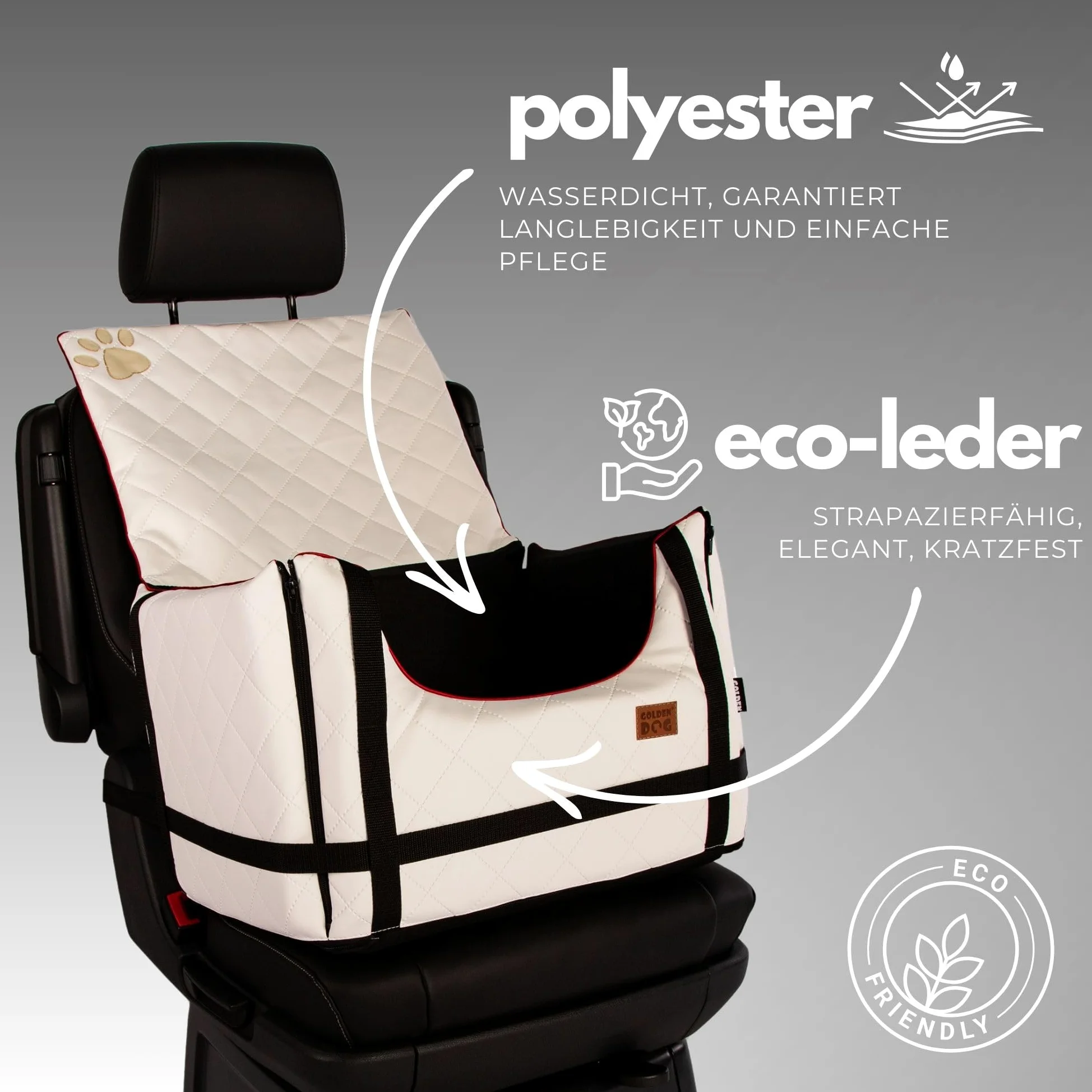 Golden Dog - Transportín para perro con cinturón de seguridad XL-75 x 55 x 33 cm – Asiento de coche de imitación de piel para perro, resistente al agua, asiento para perros – Asiento para el copiloto