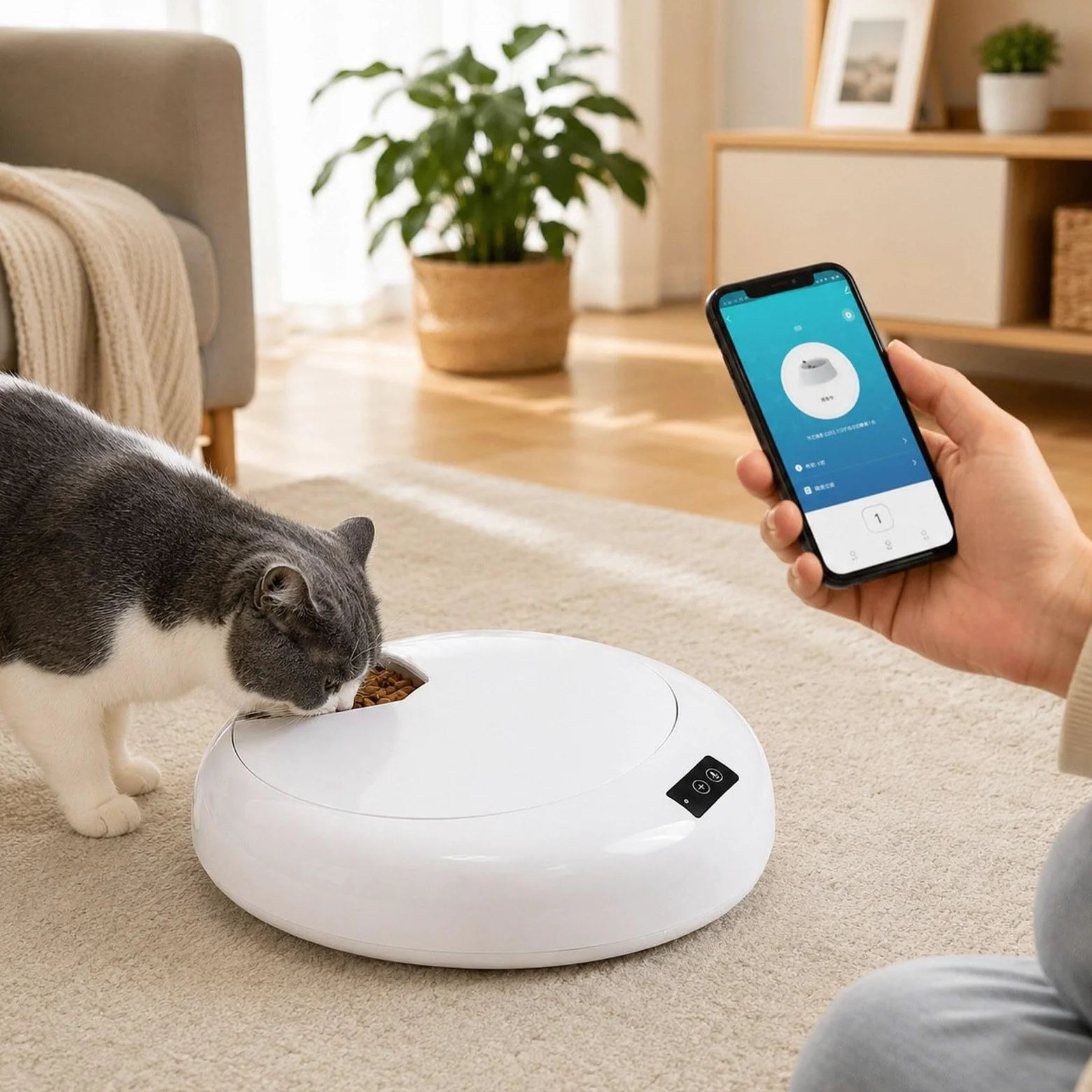 Dispensador Automático de Comida para Gatos, Comedero Húmedo con Bandeja Extraíble, Portátil, Diseñado para Comidas Regulares, Control Remoto, Adecuad, Blanco, Individual