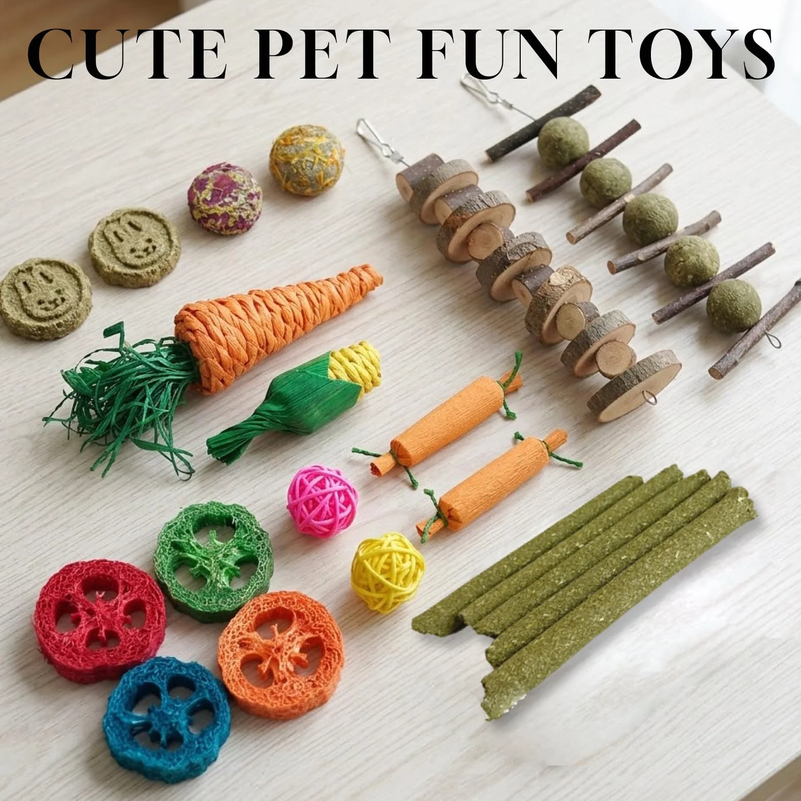 21pcs Juguetes para Conejos, Juguetes Masticables para Conejos, Hámsters, Cobayas Chinchillas, Juegos para Roedores, Palos Heno Timoteo, Palos Manzano, Bolas Ratán para Mascotas con Dientes