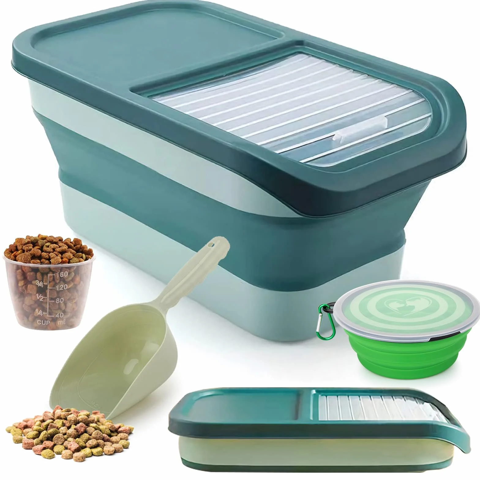Contenedor Pienso Perro Gato Plegable Cubo Caja Almacenamiento Comida con Pala y Taza Medidora (Verde)