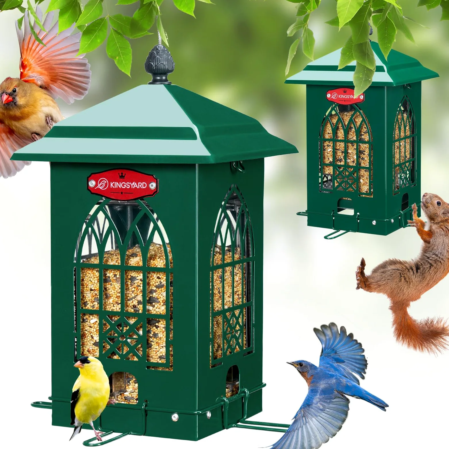 Kingsyard Comedero para pájaros a prueba de ardillas para exteriores con perchas activadas por peso, capacidad de 5 libras, comedero de metal grande para pájaros silvestres pequeños, pinzón cardenal