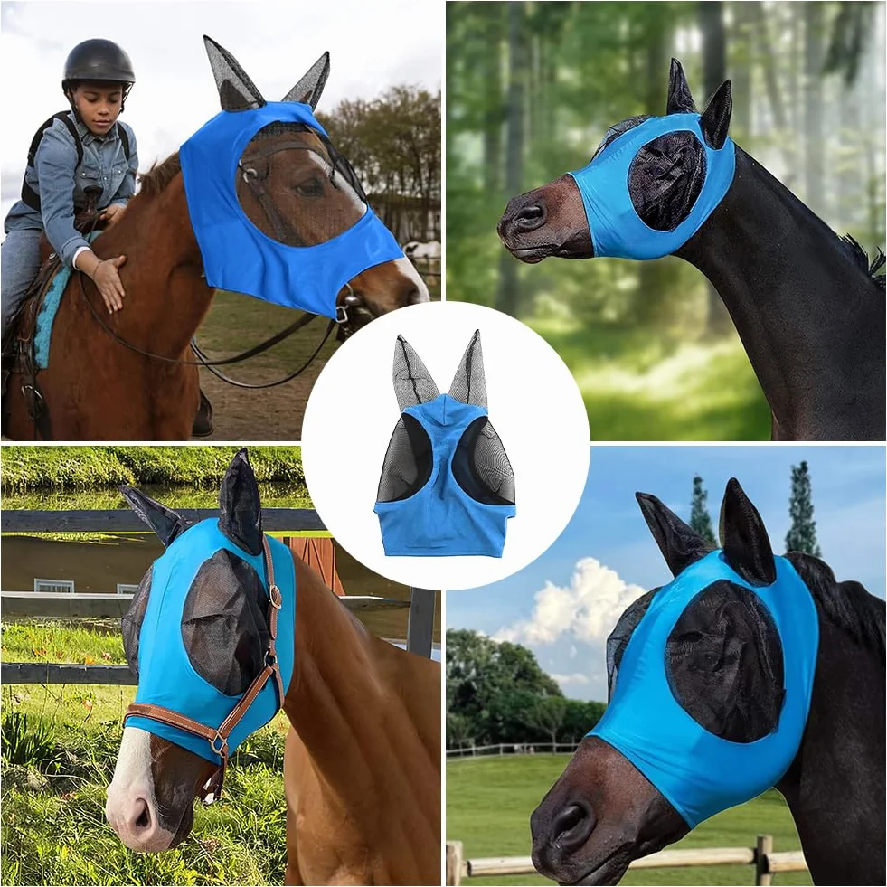 Máscara contra Moscas para Caballos con Orejas Protección UV Azul