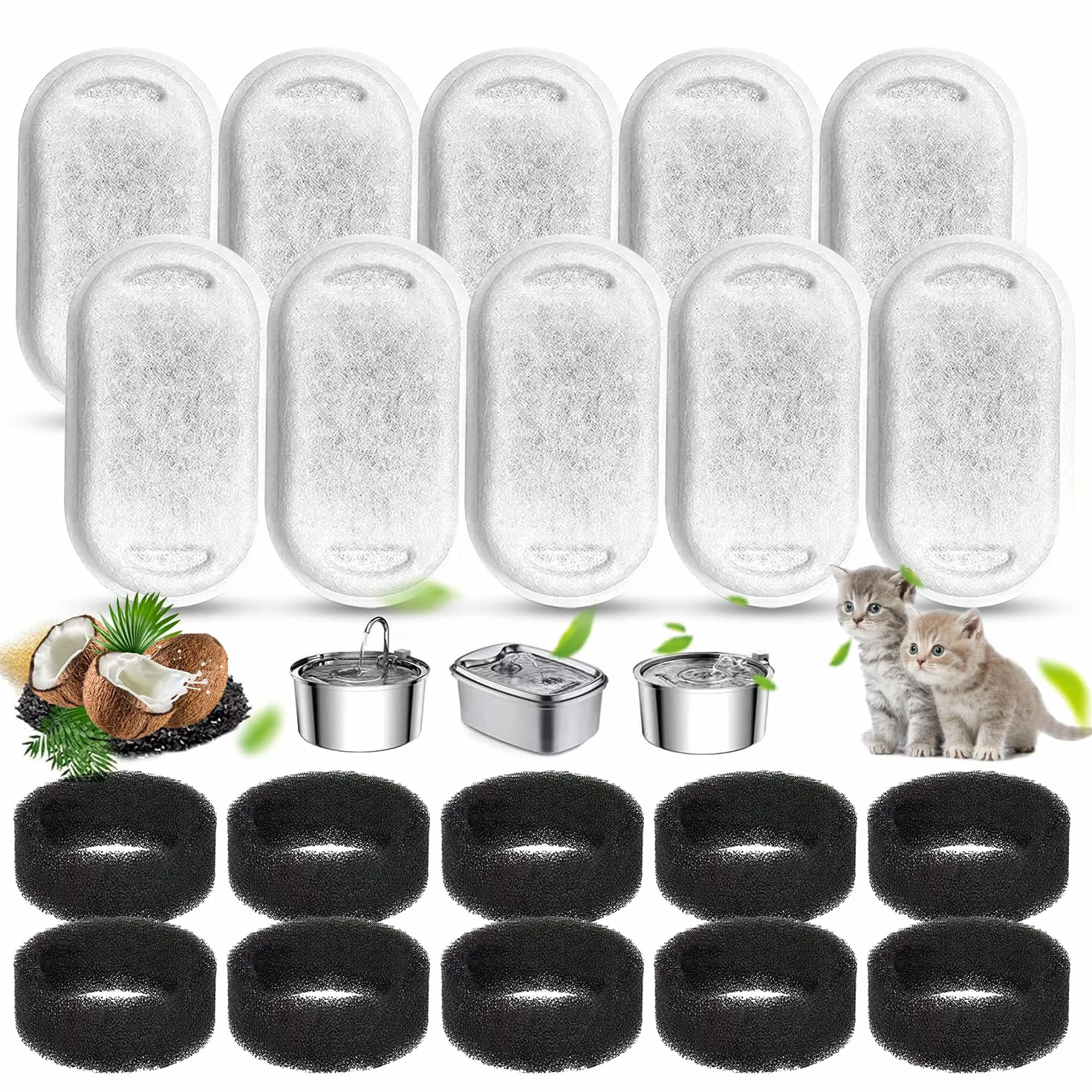 20 filtros de fuente para gatos, incluyendo 10 filtros de carbón y 10 esponjas de espuma, para una amplia gama de fuentes de acero inoxidable para gatos