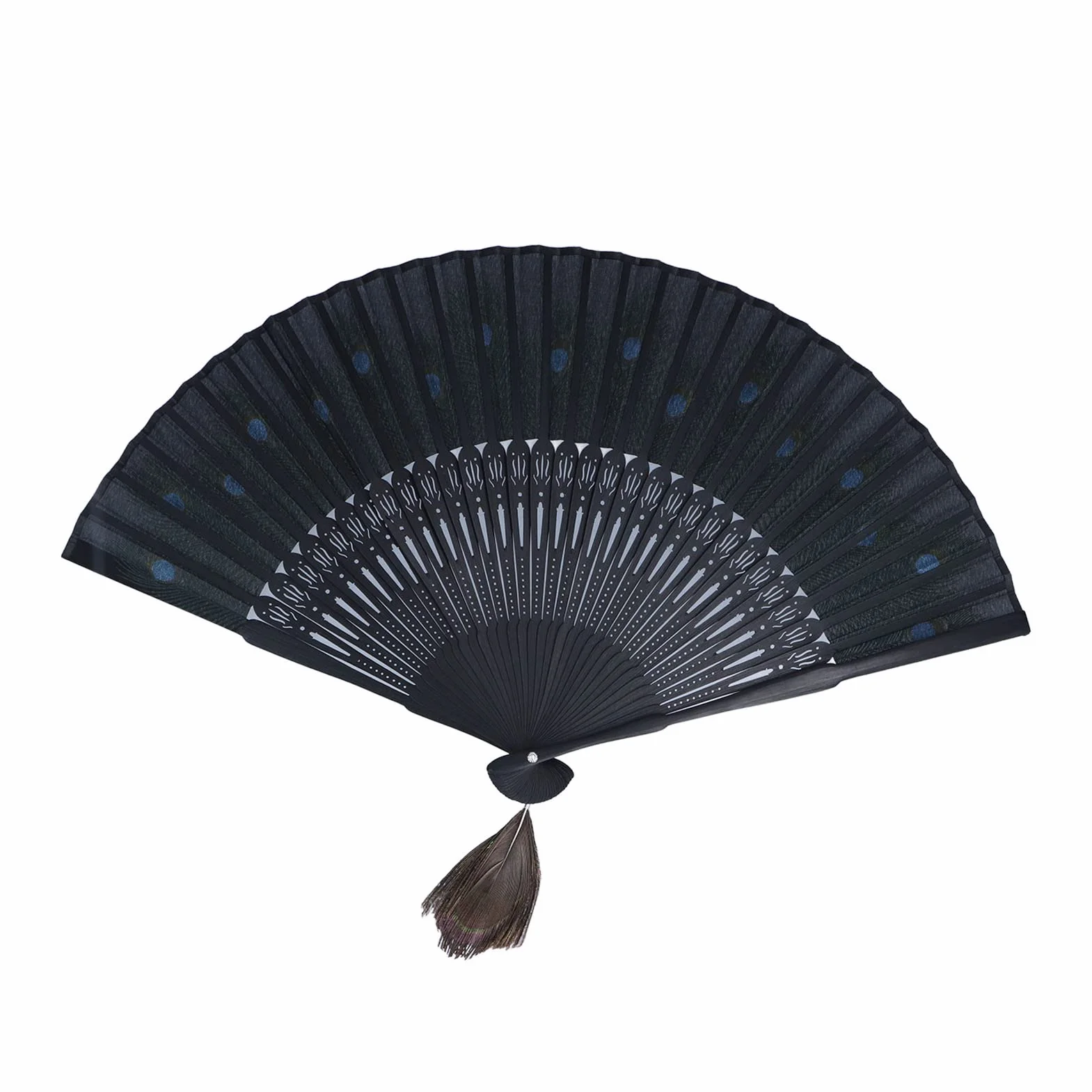 Abanico de Mano de Bambú Antiguo Plegable con Patrón de Pavo Real para Decoración de Pared