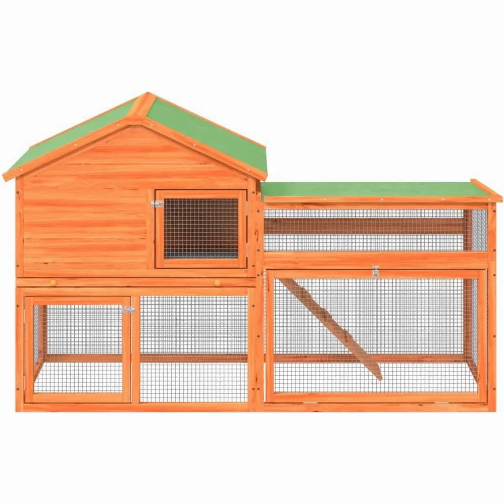 Conejera con cercado de rueda libre, 185,5 x 60,5 x 109,5 cm, conejera de madera maciza de pino para animales pequeños, 2 niveles, jaula para conejos y cobayas, marrón y verde