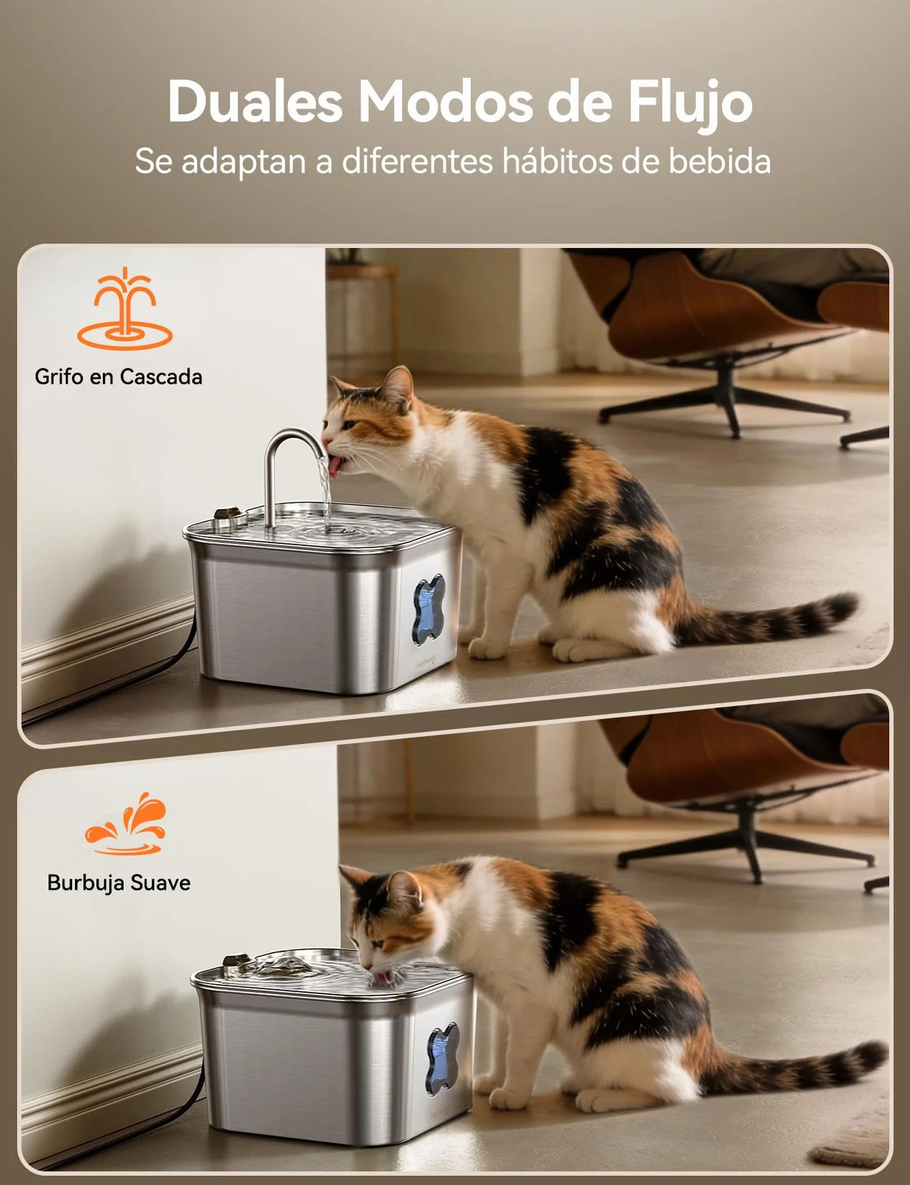 FEELNEEDY Fuente para Gatos Acero Inoxidable 2,8L, Bebedero Gatos con Cable y Filtración de Cuatro Capas, Fácil de Limpiar, Apta para Lavavajillas