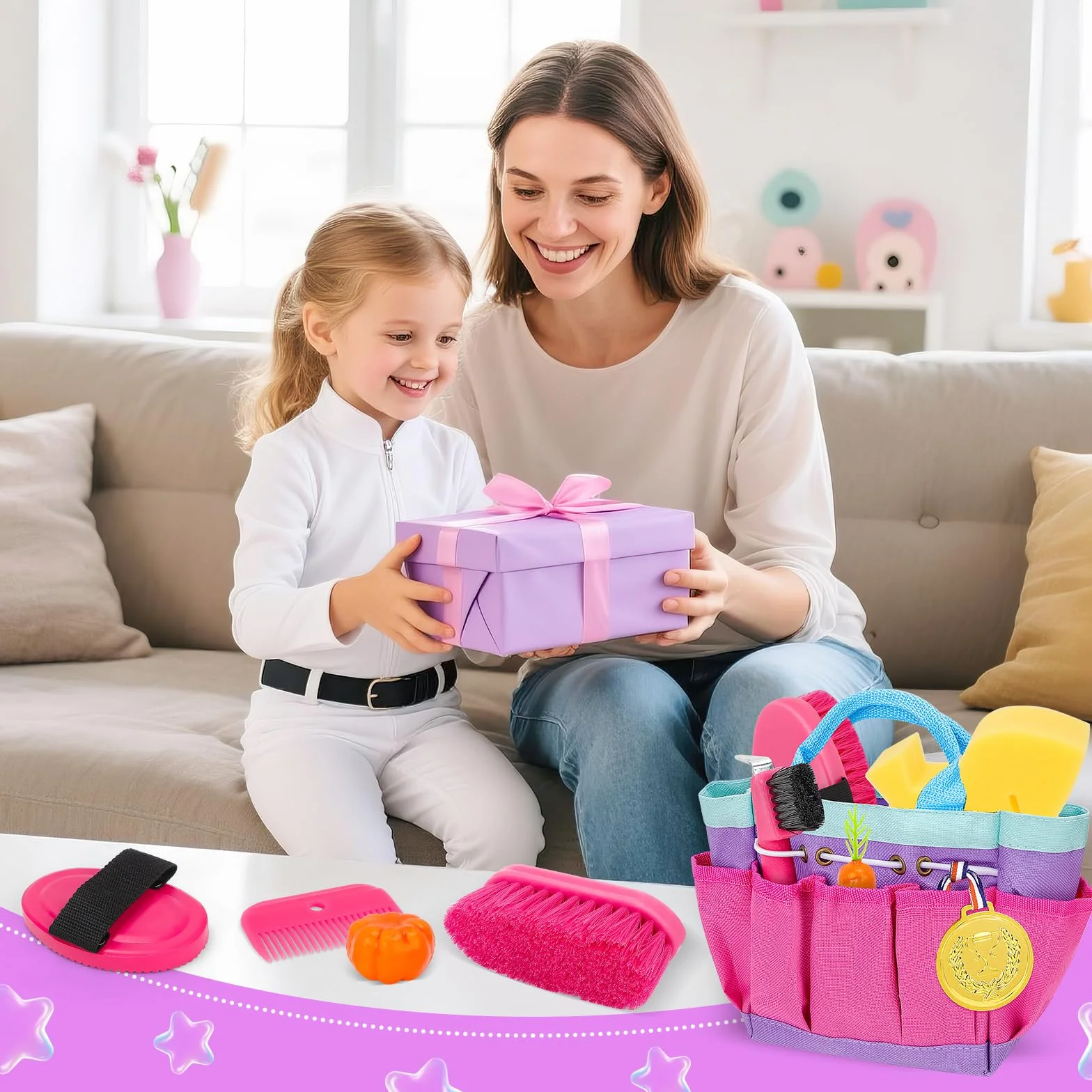 deAO Set de Cuidado de Caballos con Bolsa, Utensilios de Limpieza para Caballos para Niños con Cepillo, Guantes, Cepillo de Masaje, Peine para Crines, Rascador de Cascos, Esponja para Caballos (Rosa)