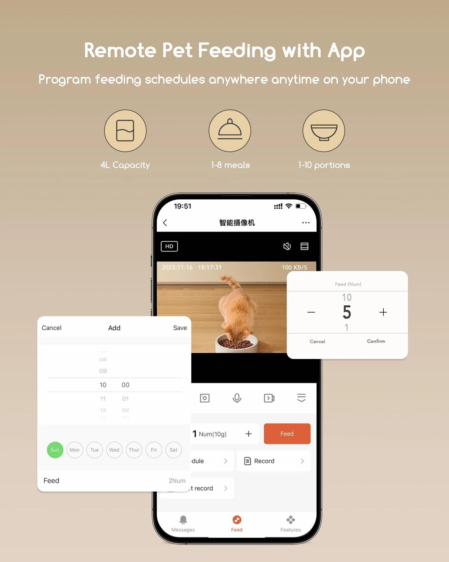 Faroro Comedero Gato Automatico WiFi, 3MP HD Cámara con Visión Nocturna, 4L Alimentador para Perros/Gatos con Audio Bidireccional, App Control, Detección de Movimiento y Fuente de Alimentación Dual