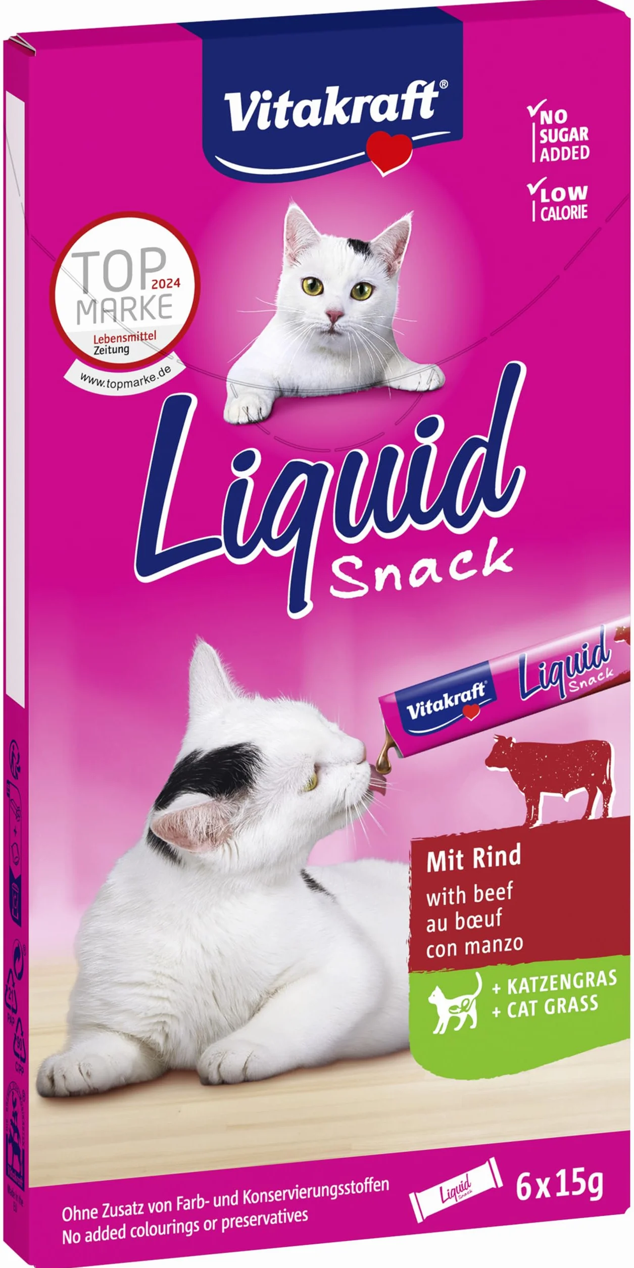 Vitakraft Liquid Snack, golosina para Gatos, Snack cremoso para Gatos, con Carne de Vacuno y Hierba para Gatos, en bolsitas Individuales, para una Flora intestinal Sana (1 Paquete con 6X 15g)