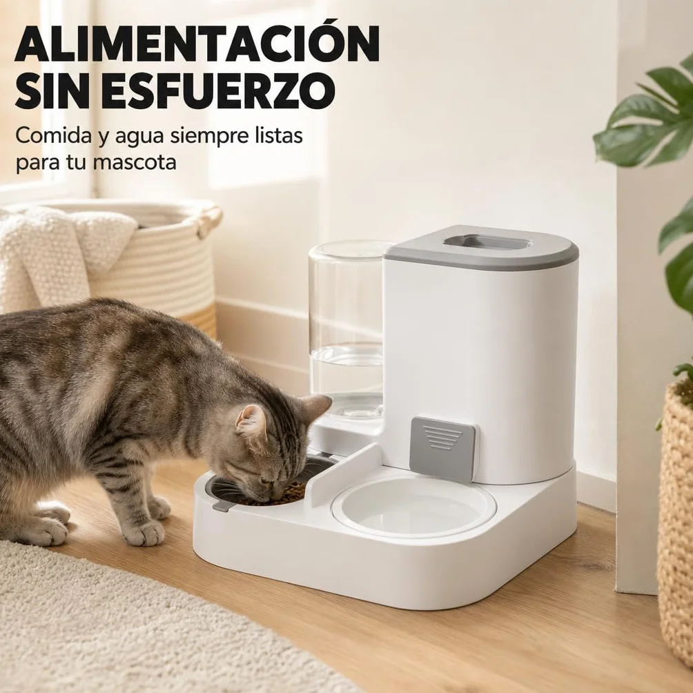 Comedero y Bebedero automático 2 en 1 para Gatos y Perros – Dispensador de Comida 2,2 L y Agua 1 L, diseño Compacto, Materiales Resistentes, Color Gris – Uso Diario en Interiores