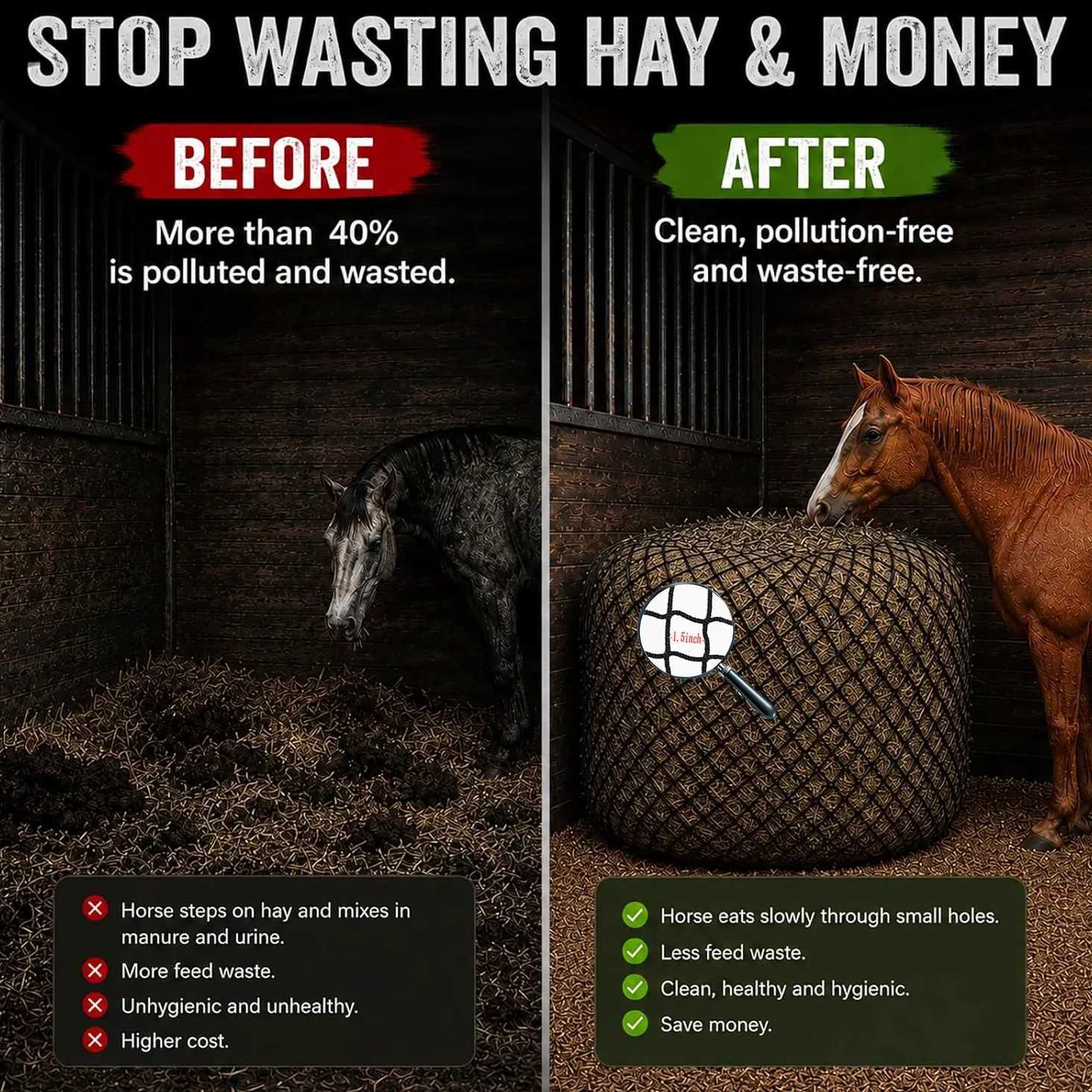 Red de heno redonda de 5 x 5 pies para caballos y cabras, redes de heno de alimentación lenta Hloes de 1.5 pulgadas con herramienta de reparación de red de heno