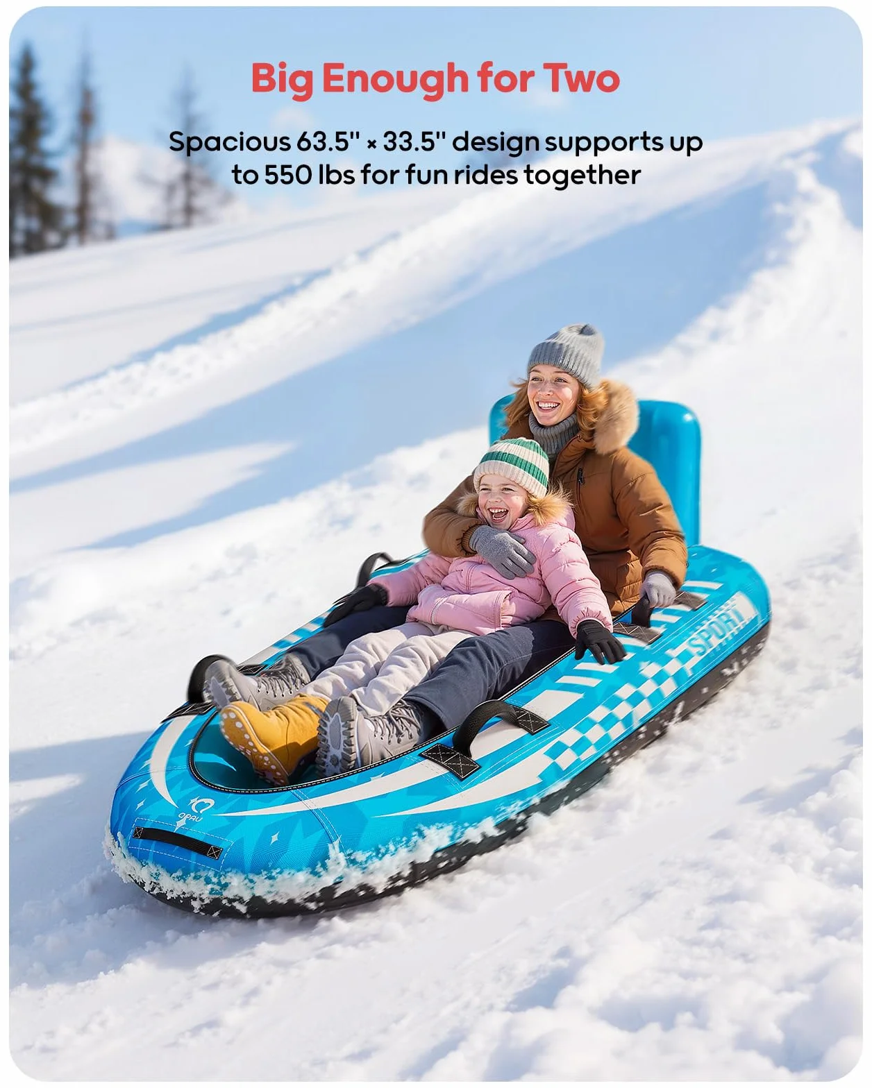 QPAU Trineo de nieve inflable para 2 personas con cubierta de lona, respaldo y asas reforzadas