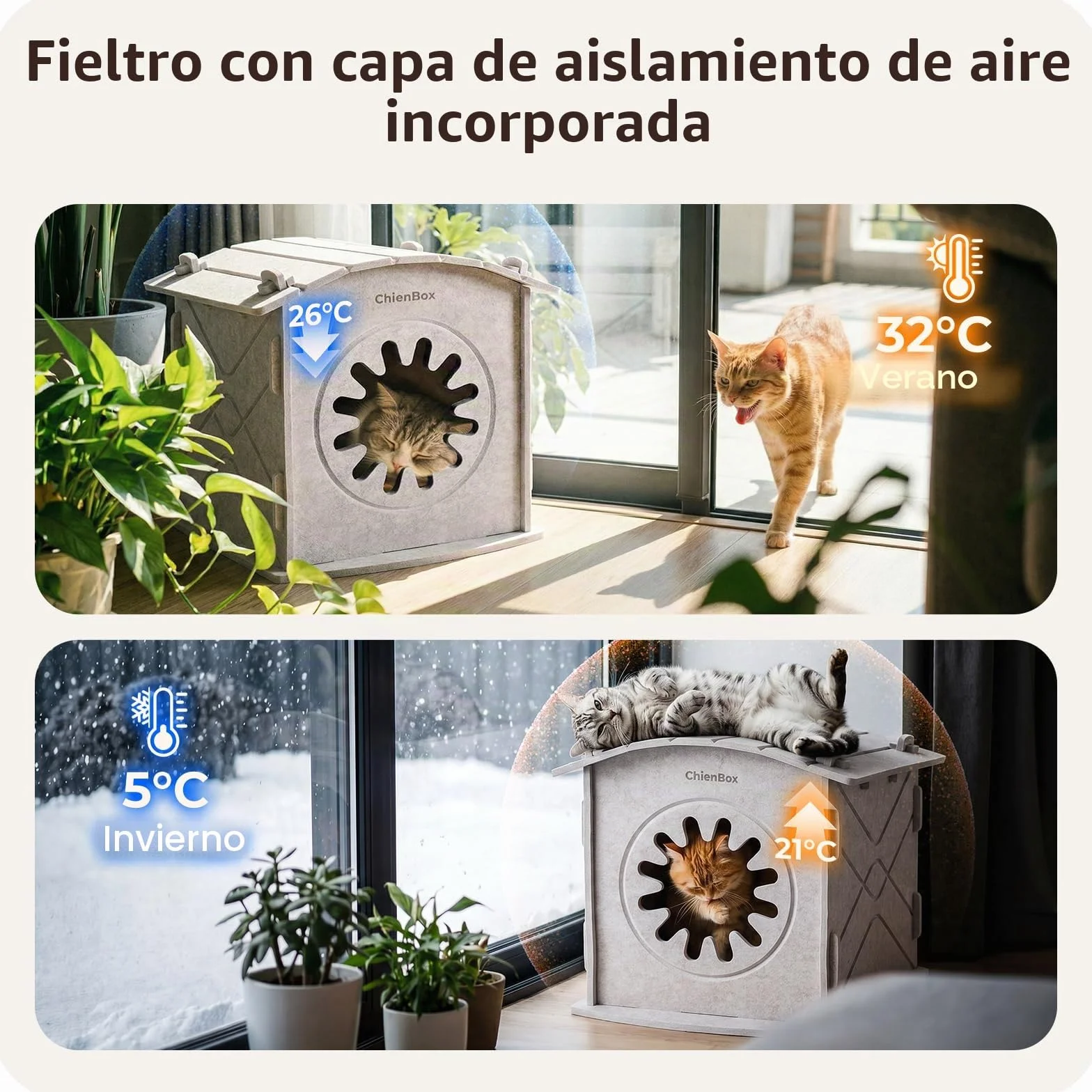 Casa para Gatos Interior de Fieltro: Cálida Cueva para Gatos Invierno, Casa Gatos Robusta, Casa Gato con Entrada Rascadora, Cama para Gatos Fácil de Limpiar y Montar, Cueva Gato 38x36x38cm