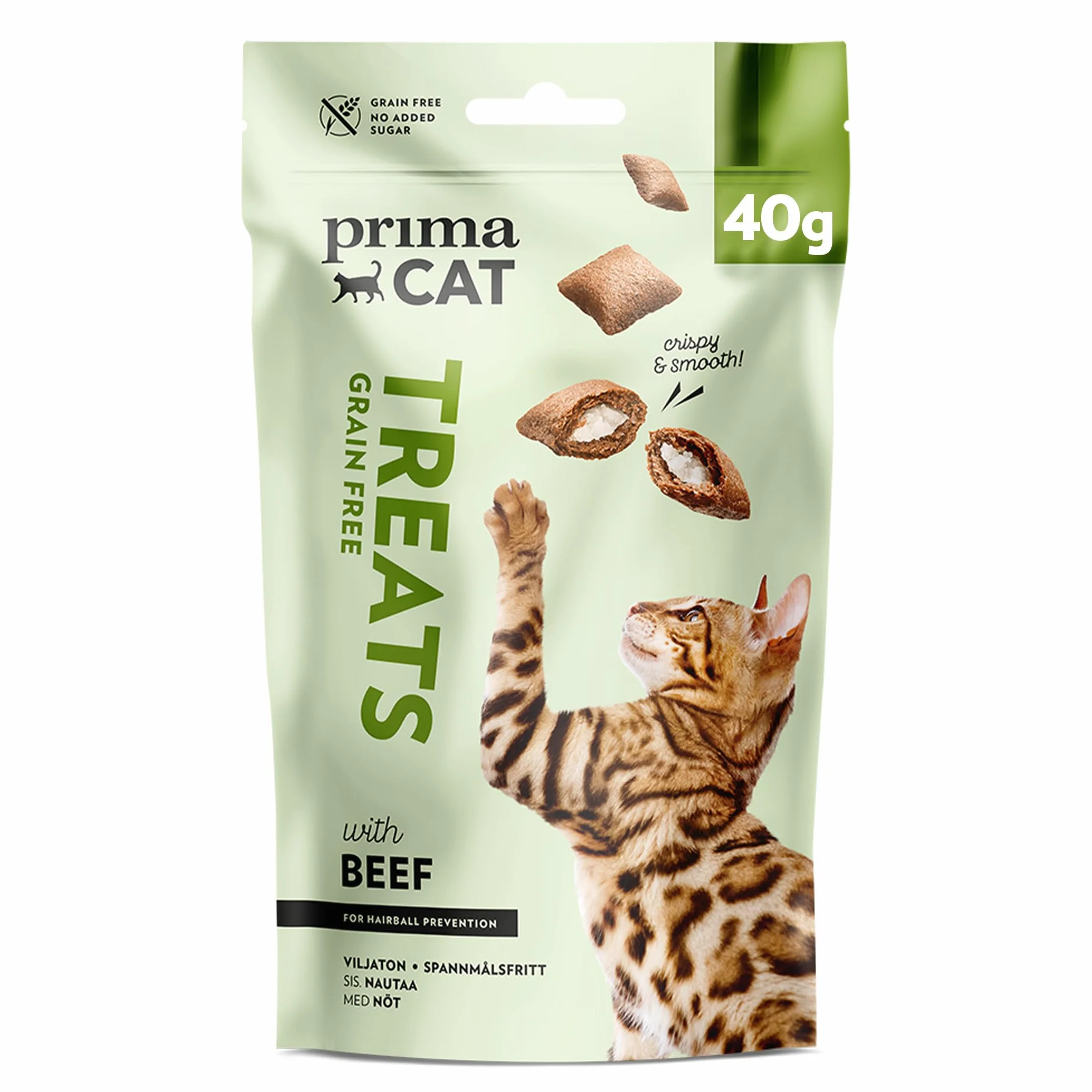 PrimaCat - Golosinas crujientes para Gatos sin Cereales contra Bolas de Pelo, Sabor de Vaca, 18 x 40 g