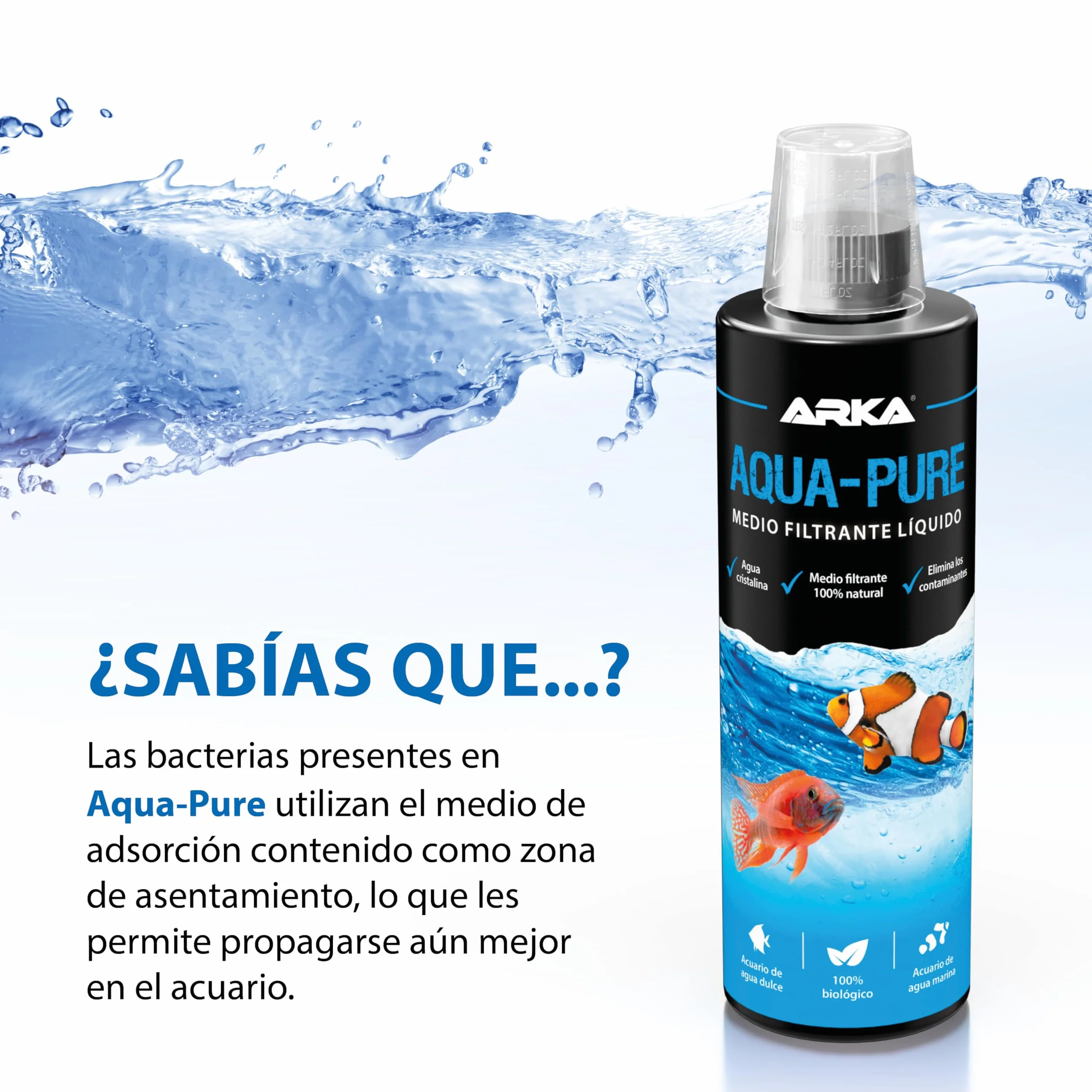 Aclarador de Agua Acuario 118 ml – ARKA Aqua-Pure – Elimina turbidez y residuos – Agua cristalina en acuarios Dulces y Marinos – 100% biológico con bacterias filtrantes – Seguro para Plantas