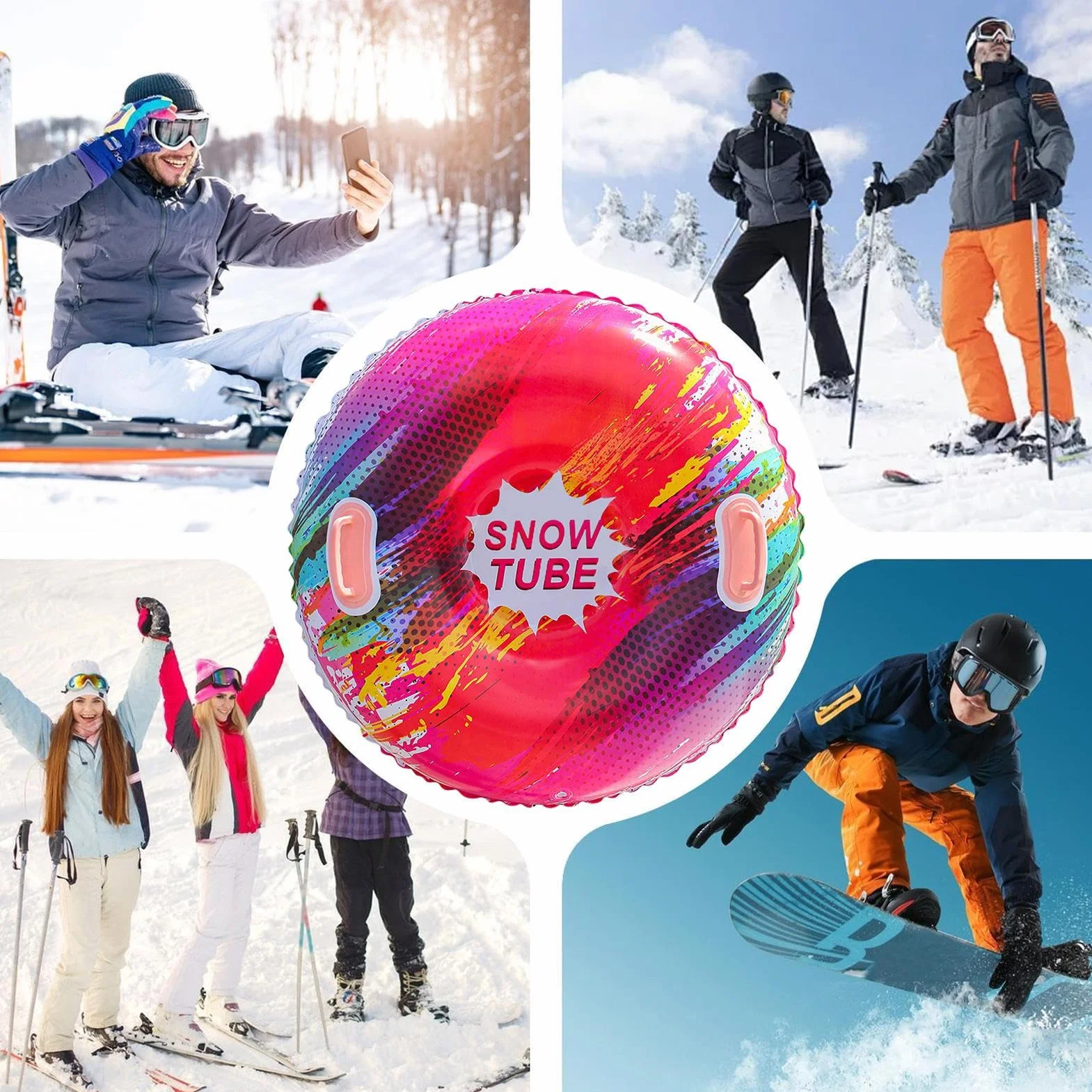 Trineo inflable 87 cm con asas, anillo de nieve engrosado antivuelco para adultos y niños