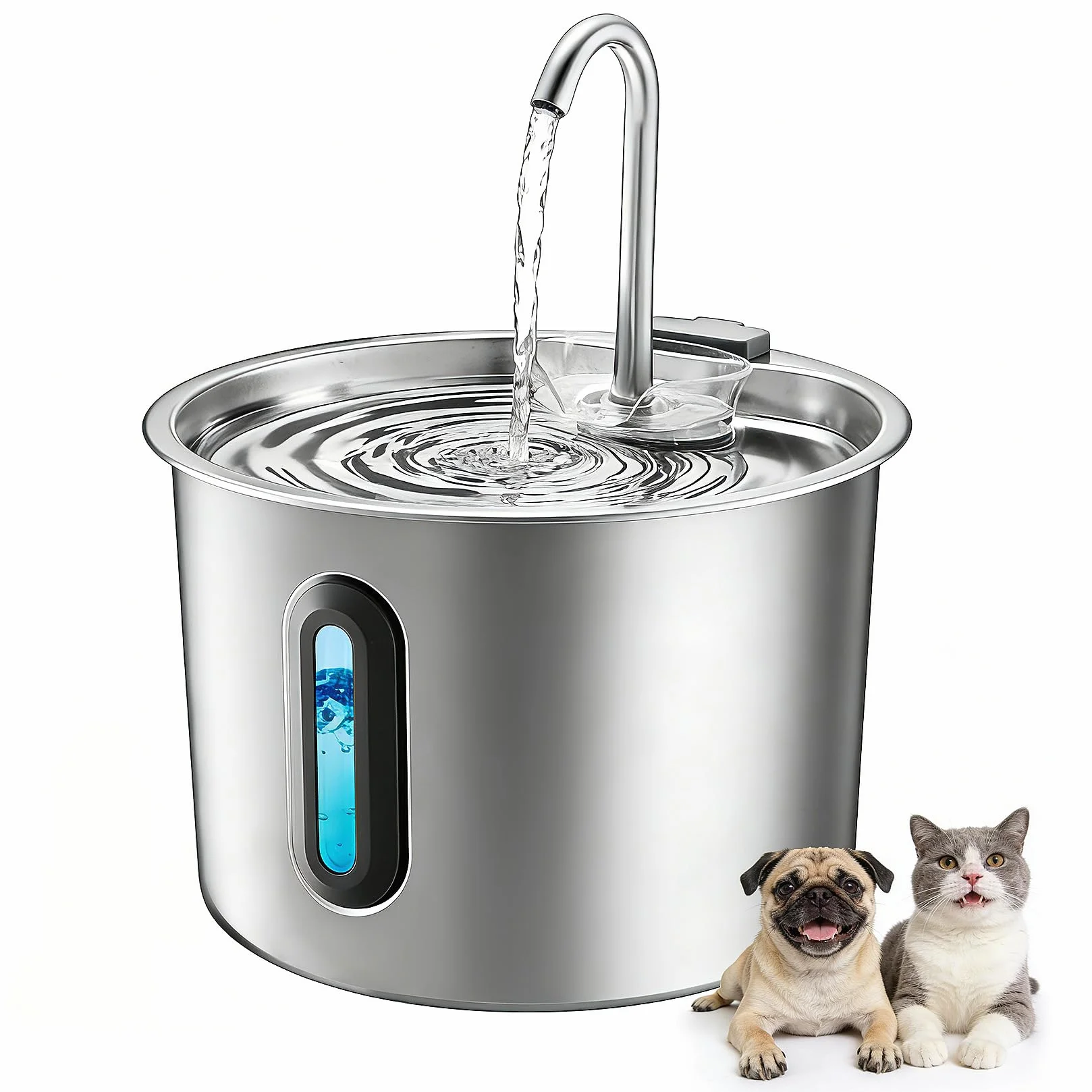 Fuente para Gatos Acero Inoxidable 2,2 L – Rever E101 Fuente de Agua para Gato con Ventana Visible y Bomba Ultra-silenciosa, Sistema de Multi-filtración, Bebedero Gatos y Animales Pequeños (Plata)