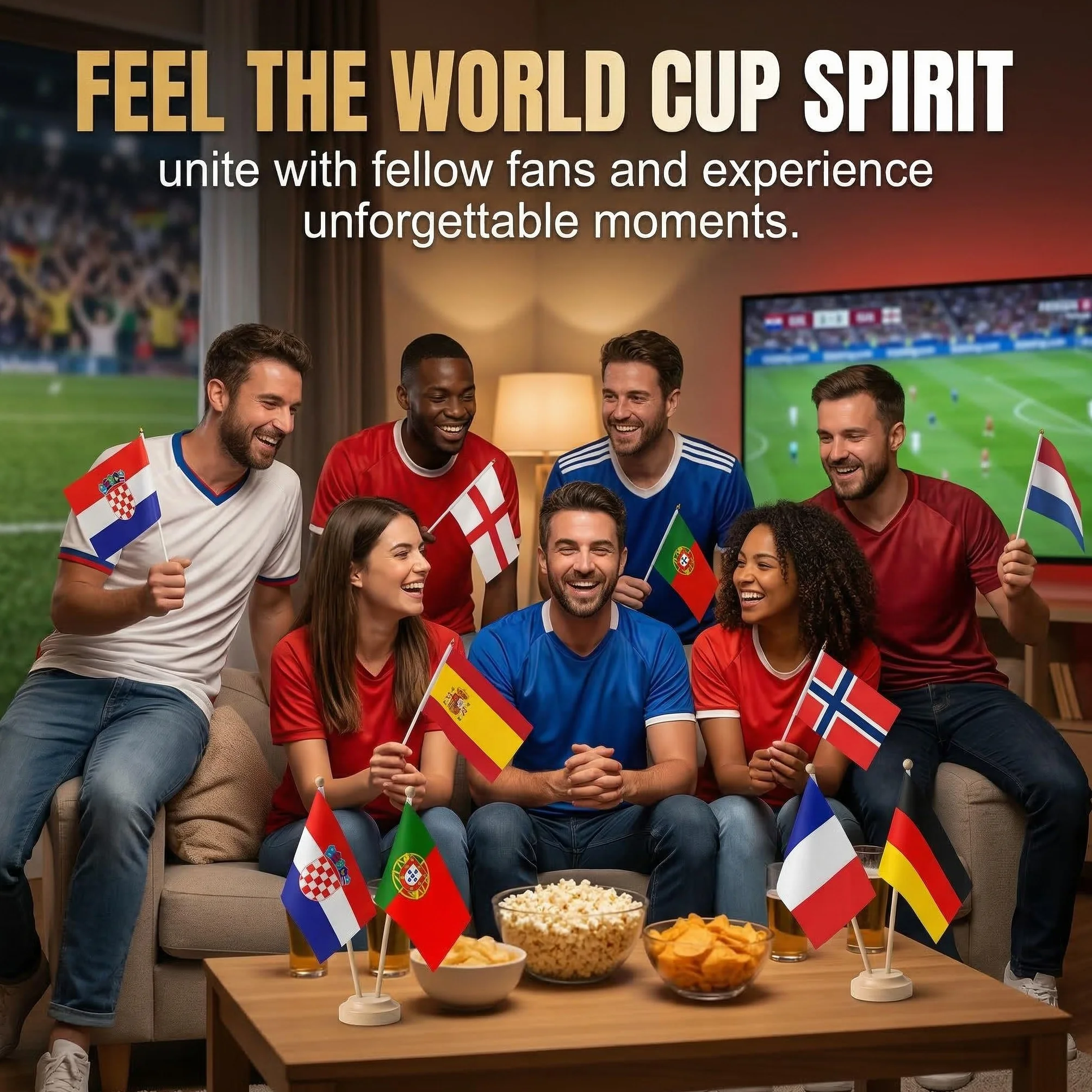 Bandera de Mano 2026 Copa del Mundo Fútbol, 8 Países 30cm Palo, Doble Cara Decoración Mundial