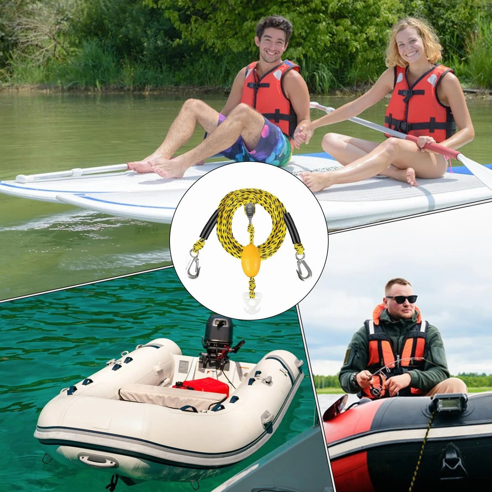 Cuerda Remolque para Tubing Y Cable Arrastre 4 Usuarios Gancho Polea Giratoria 360° Flotadores Inflables Deportes Acuáticos