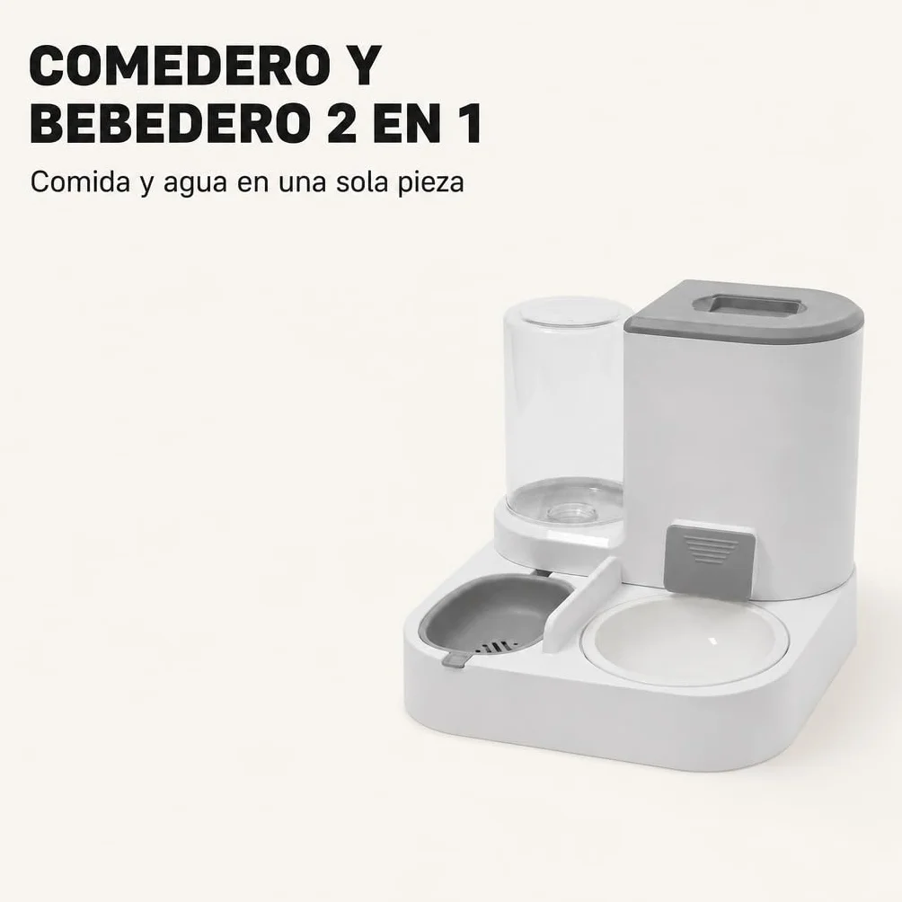 Comedero y Bebedero automático 2 en 1 para Gatos y Perros – Dispensador de Comida 2,2 L y Agua 1 L, diseño Compacto, Materiales Resistentes, Color Gris – Uso Diario en Interiores