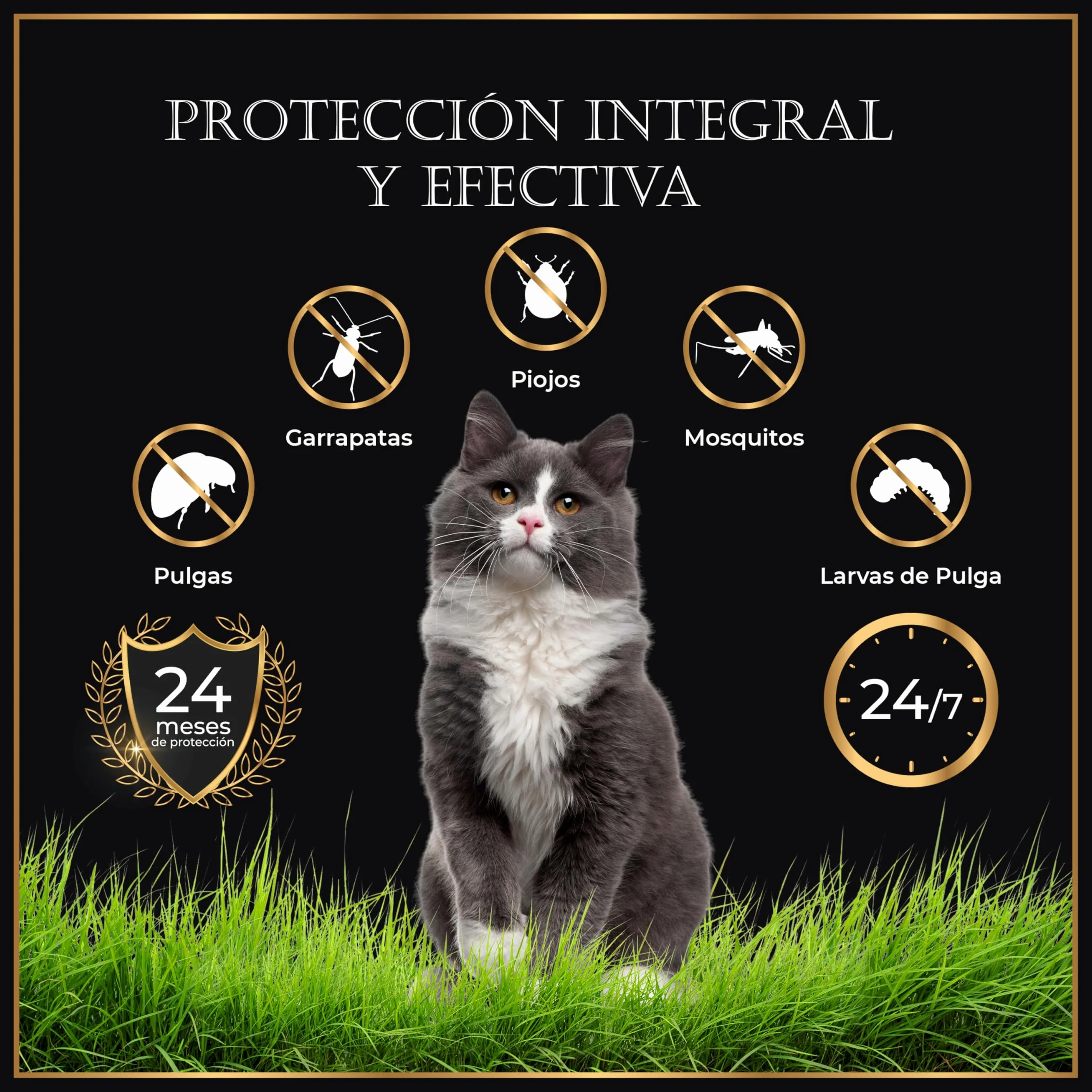Pack de 4 Collares Antiparasitarios para Gatos, 24 Meses de Protección contra Pulgas, Garrapatas y Mosquitos – 100 % Natural, Impermeable, Ajustable, para Todos los Tamaños.