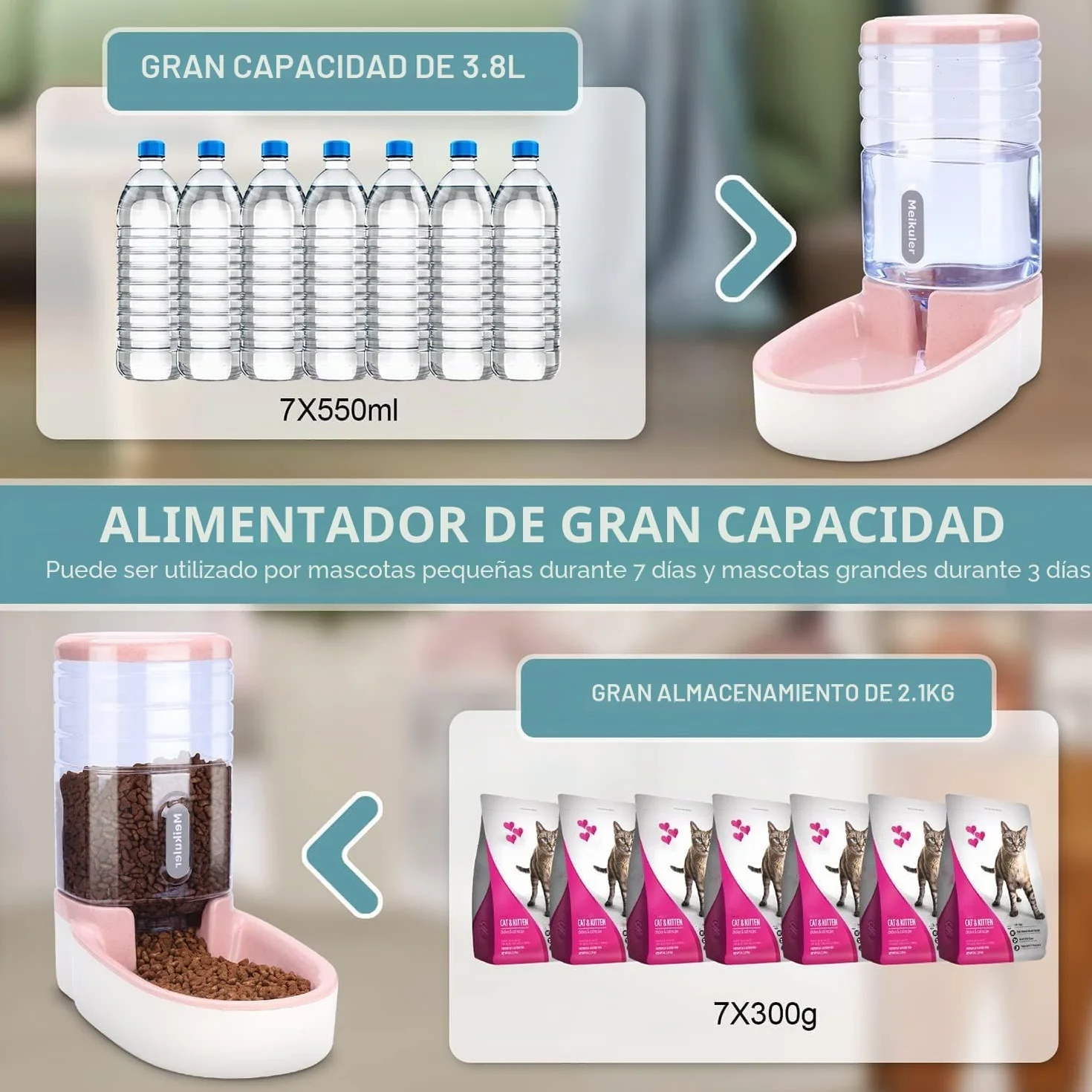 Alimentación automática 3.8l con Pala, dispensador de Agua Potable 3.8l dispensador automático de Alimentos Secos estación de alimentación para Perros, Gatos y Mascotas (Rosa)