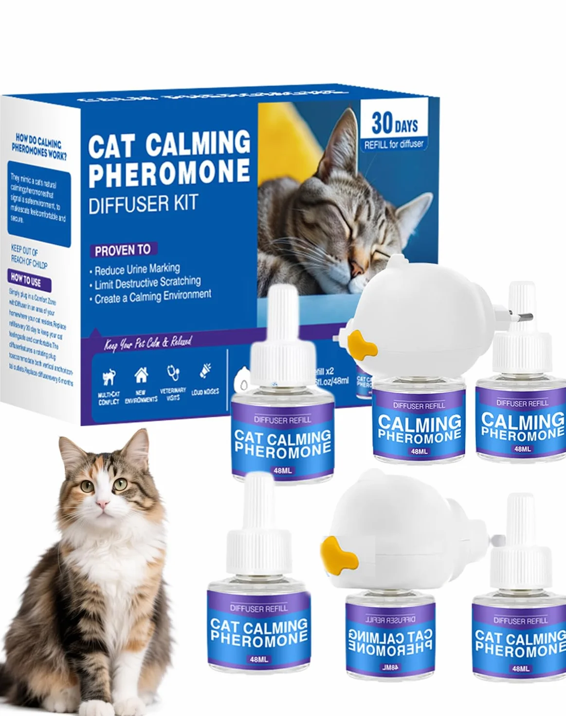 Petwellness Diffuseur Chat, Petwellness Diffuseur Chat Pour Arrêter De Faire Pipi Partout 6 En 1, Pet Wellness Diffuseur Pheromones Chat, Soulage Le Stress Anxieux,Réduit Les Bagarres (6 Bouteilles)