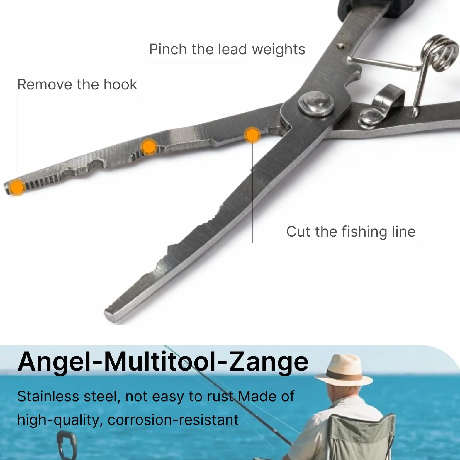 Pinza de pesca de acero inoxidable, Alicates de punta larga con cordón de seguridad para pesca en agua dulce y salada